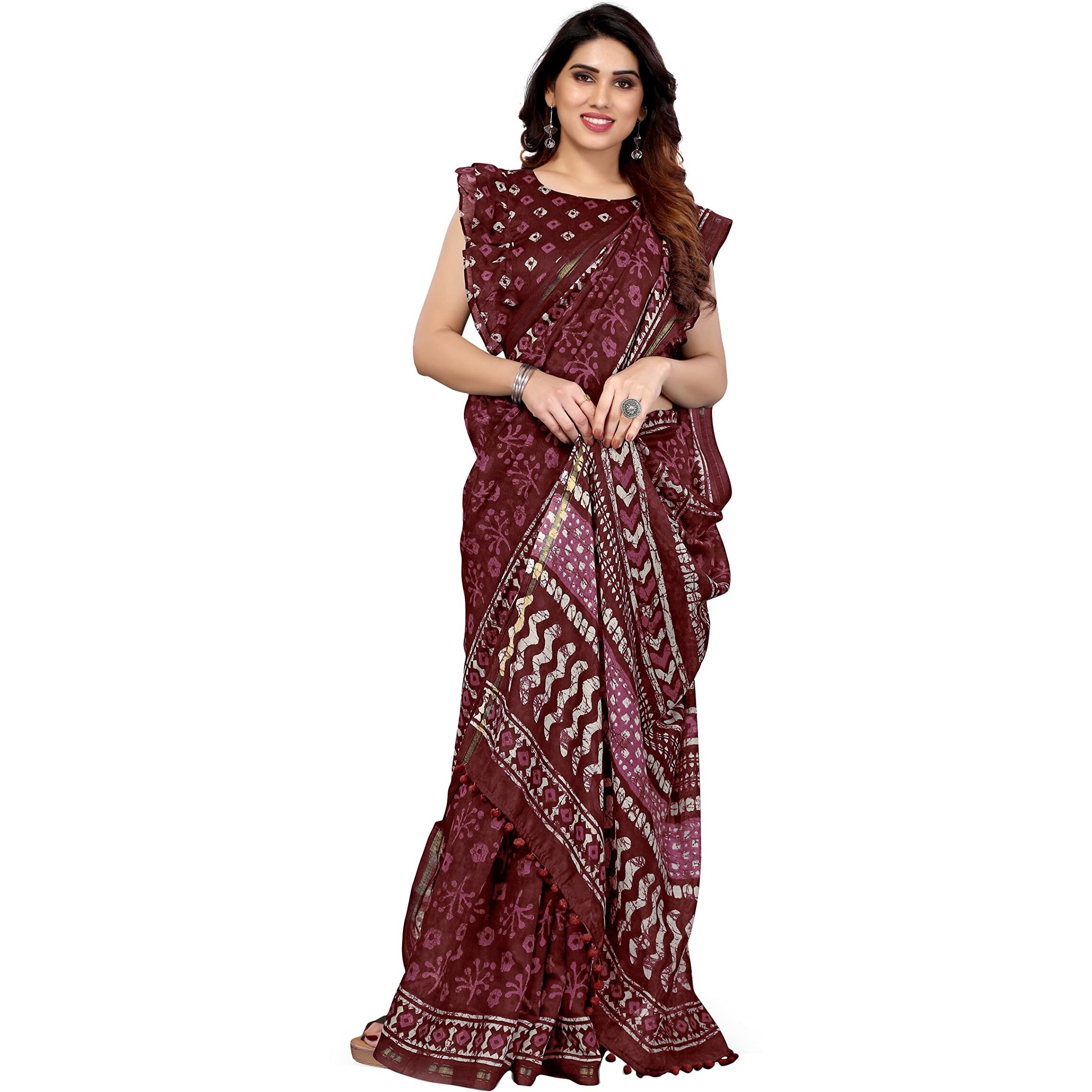 MIRCHI FASHION Womens Plain Weave Cotton Blend Batik Style Abstract Printed Saree with Blouse Piece (35762-Wine, White)