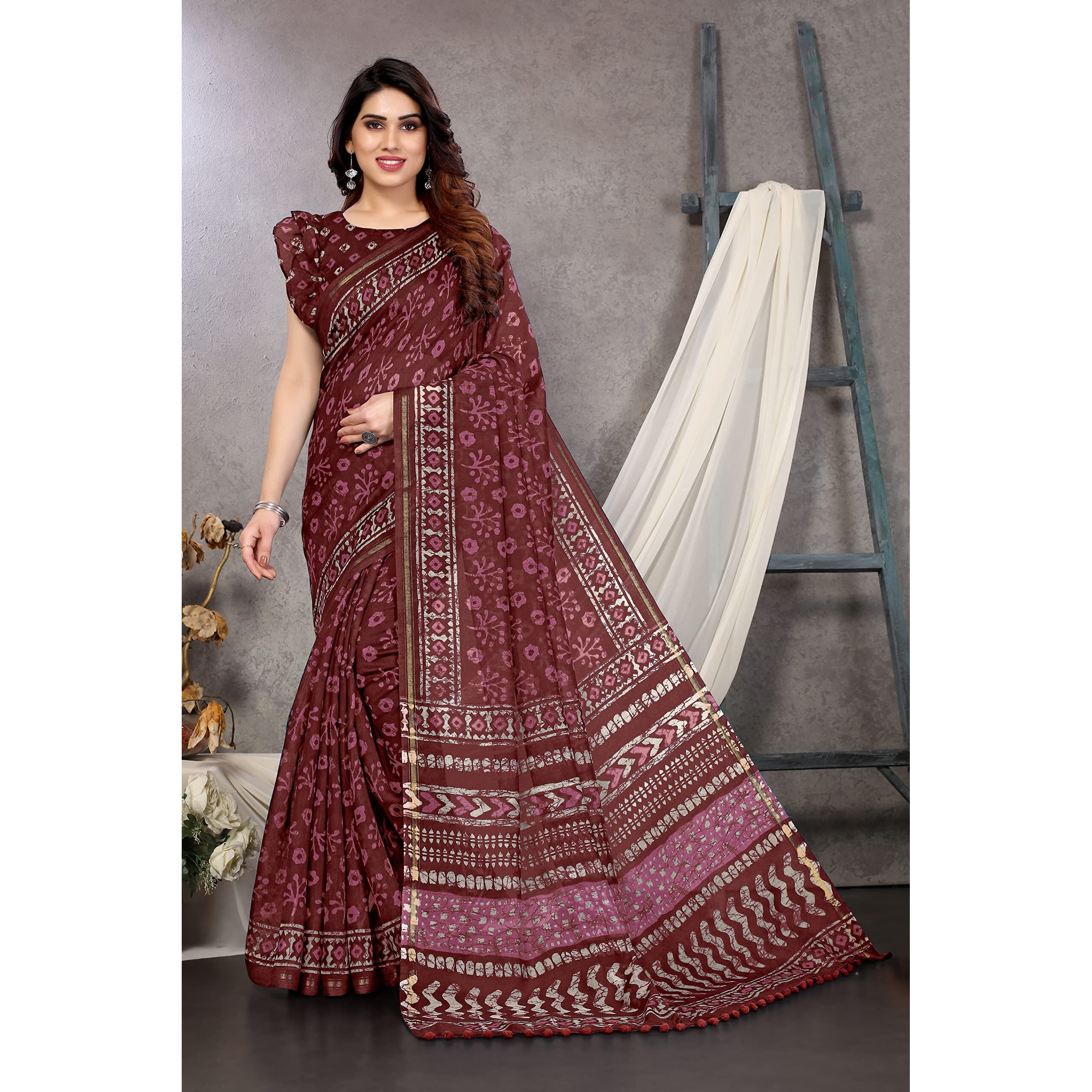 MIRCHI FASHION Womens Plain Weave Cotton Blend Batik Style Abstract Printed Saree with Blouse Piece (35762-Wine, White)