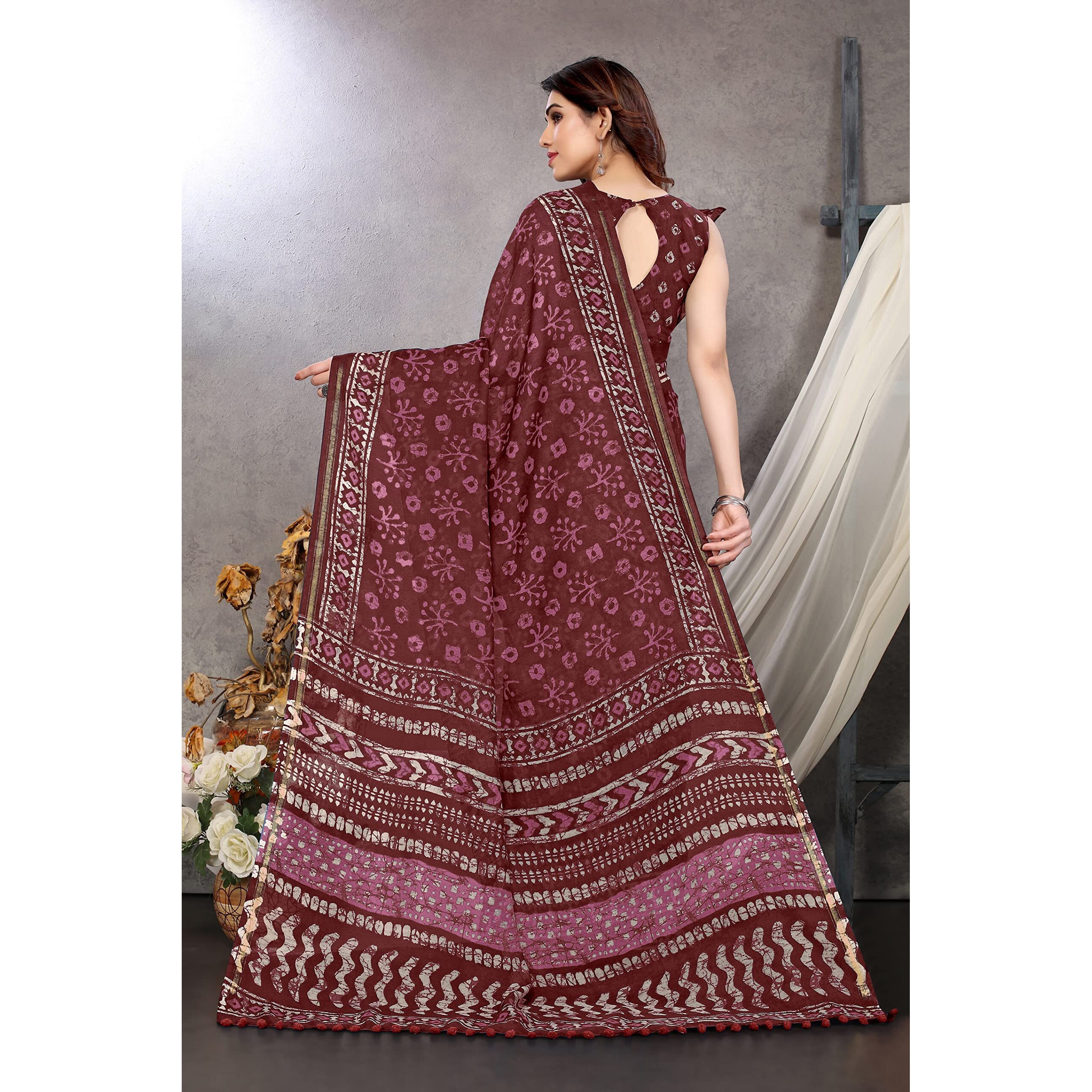 MIRCHI FASHION Womens Plain Weave Cotton Blend Batik Style Abstract Printed Saree with Blouse Piece (35762-Wine, White)