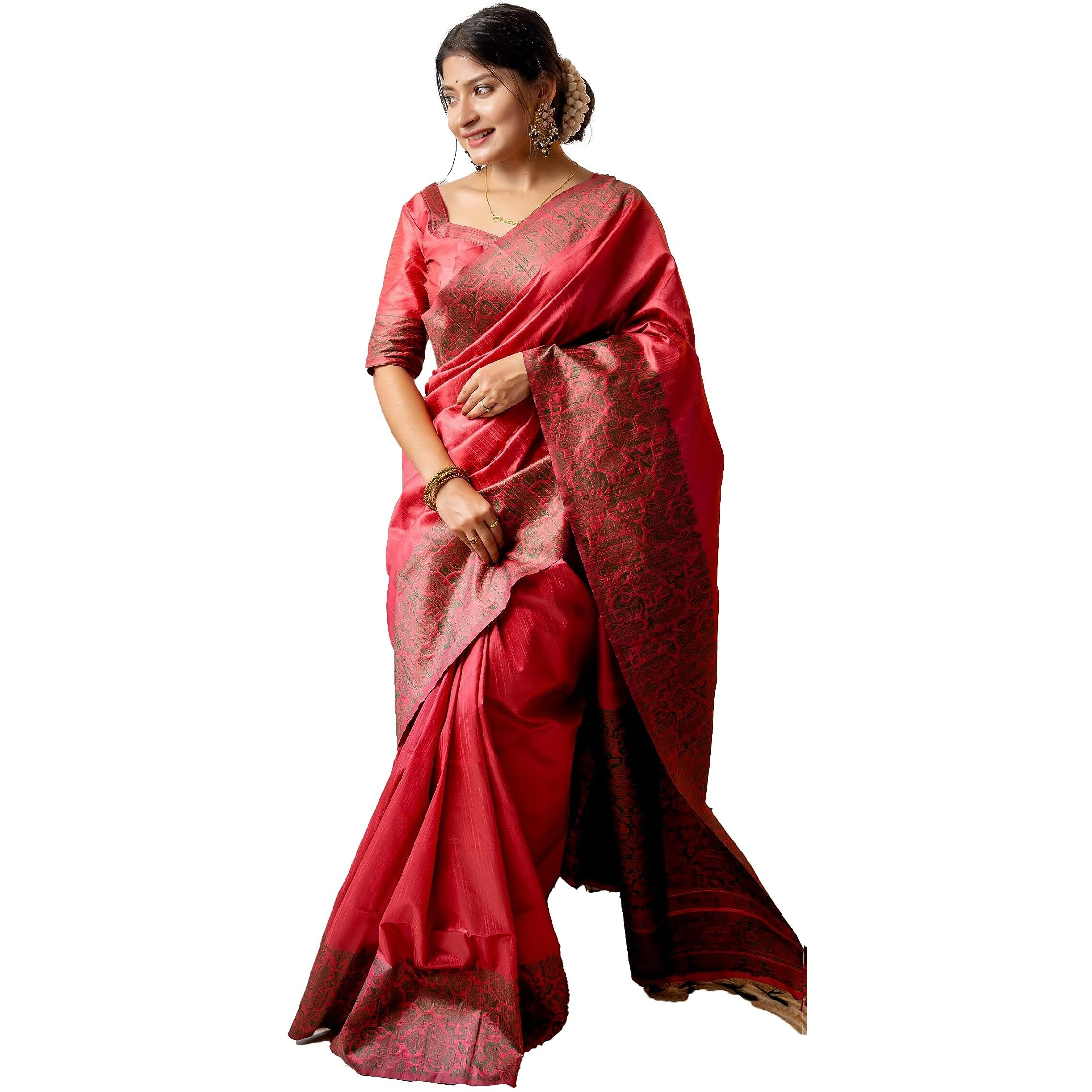NK Textiles Womens PlainSolid with Kalamkari Woven Border Raw Silk Saree with Tassels (13 COLORS), Red
