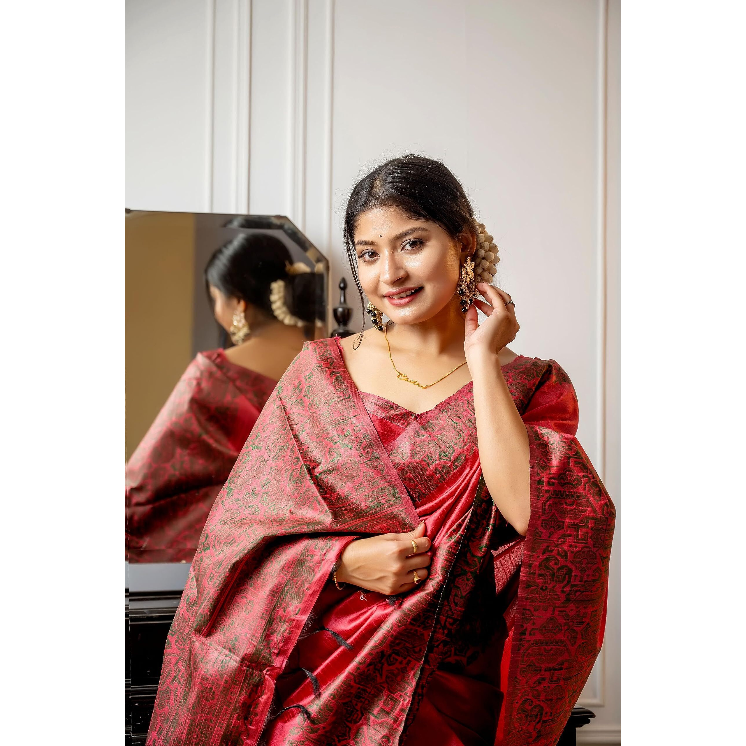 NK Textiles Womens PlainSolid with Kalamkari Woven Border Raw Silk Saree with Tassels (13 COLORS), Red