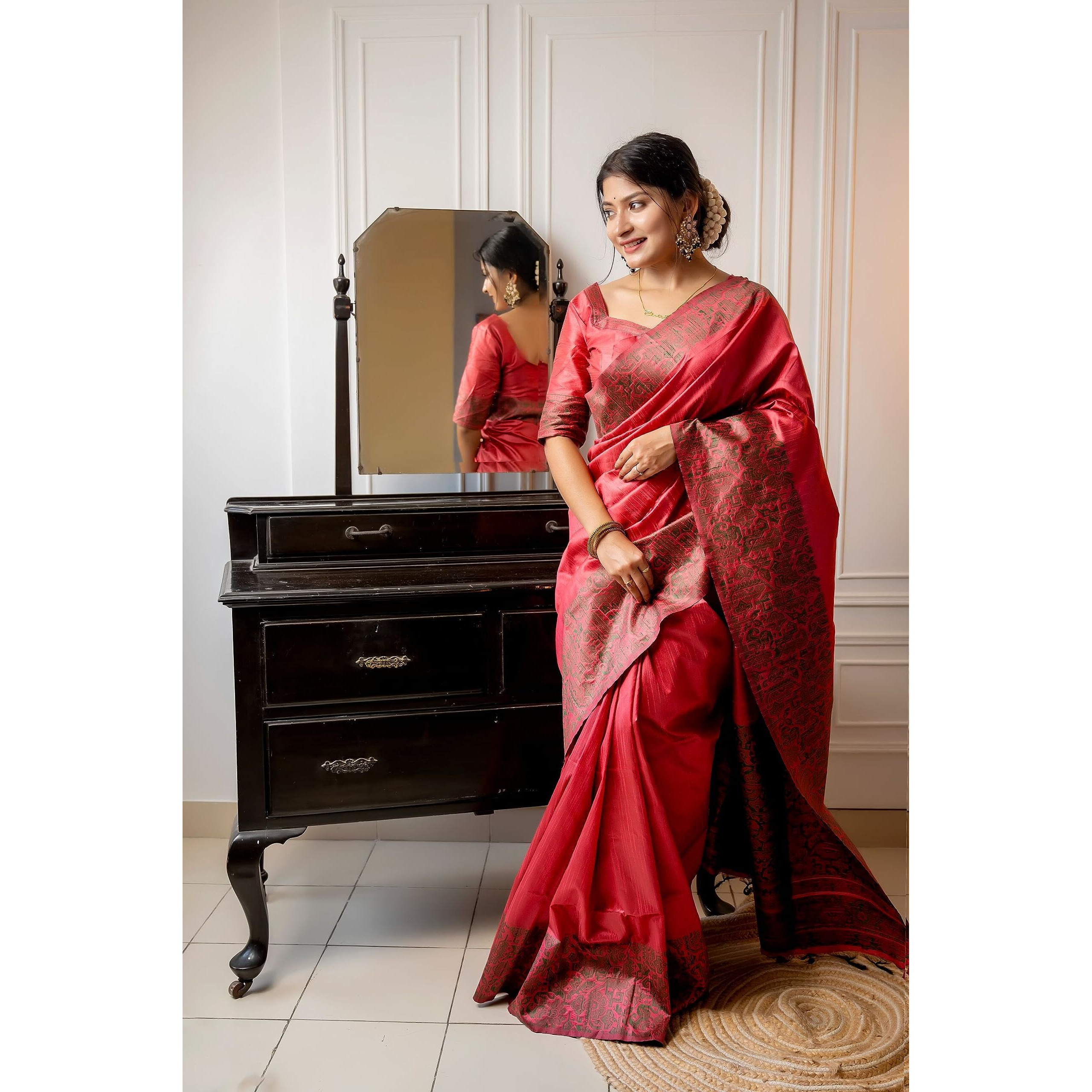 NK Textiles Womens PlainSolid with Kalamkari Woven Border Raw Silk Saree with Tassels (13 COLORS), Red