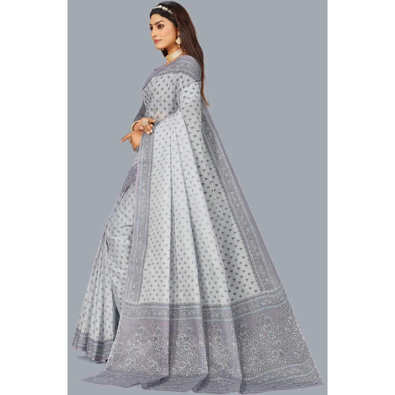 RATAN Pure Cotton Printed Mulmul Saree for Women without Blouse Piece (Grey)