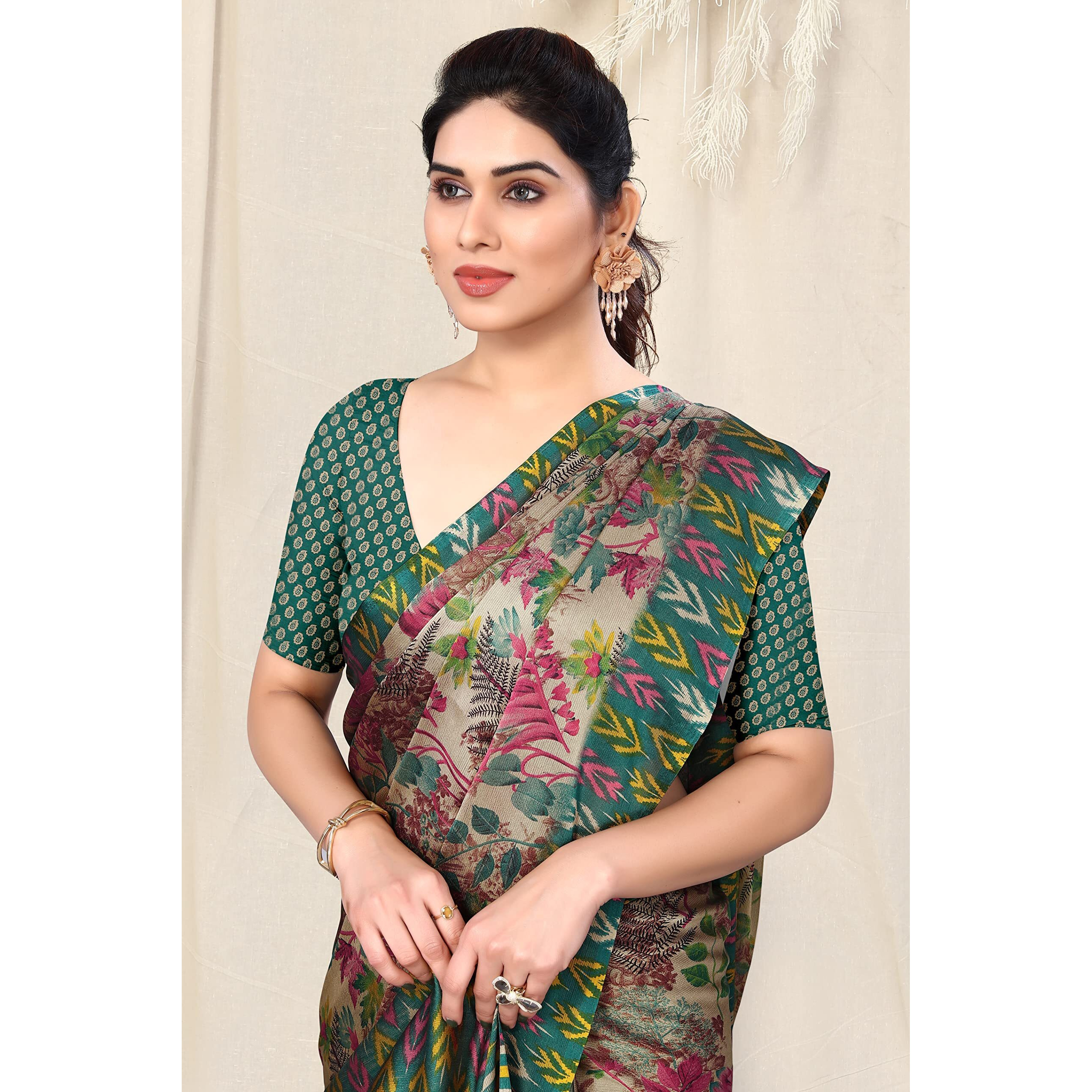 MIRCHI FASHION Womens Plain Weave Chiffon Leaf and Blocks Printed Saree with Blouse Piece (38322-Beige, Teal)