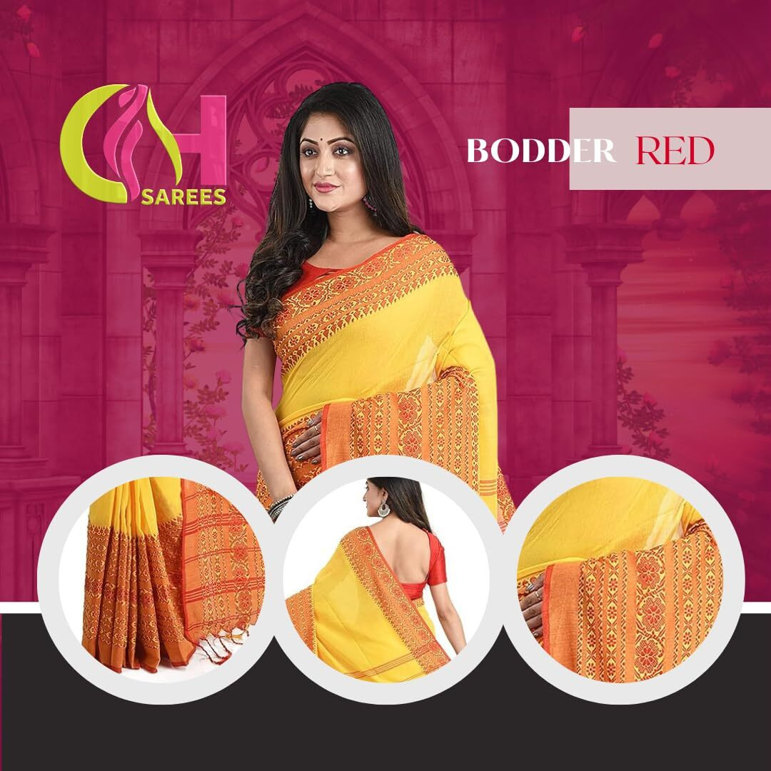 CHHANDA HANDLOOM SAREES Womens Pure Cotton Bengali Sarees for Women | Pack of 1, Yellow