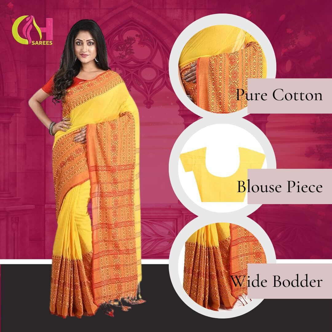 CHHANDA HANDLOOM SAREES Womens Pure Cotton Bengali Sarees for Women | Pack of 1, Yellow