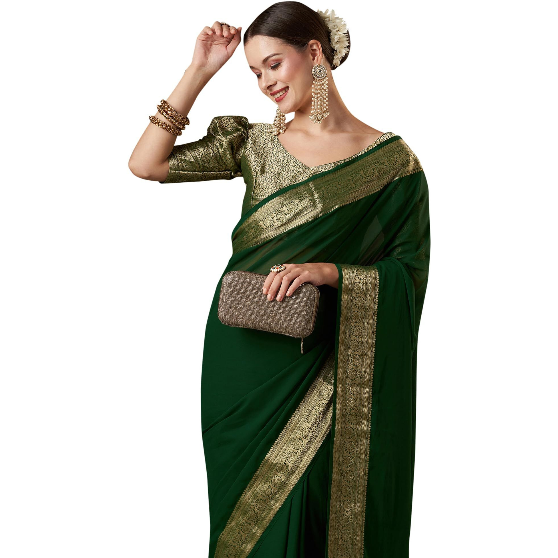 AKHILAM Womens Woven Design Solid Georgette Kanjeevaram Saree With Unstiched Blouse Piece (Green_ARYA7005_FL)