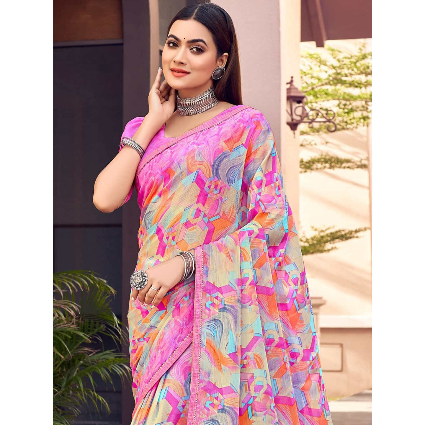 Amazon Brand - Anarva Womens Chiffon Printed Banarasi Border Saree With Blouse Piece(Savyaa-22801-B), Pink
