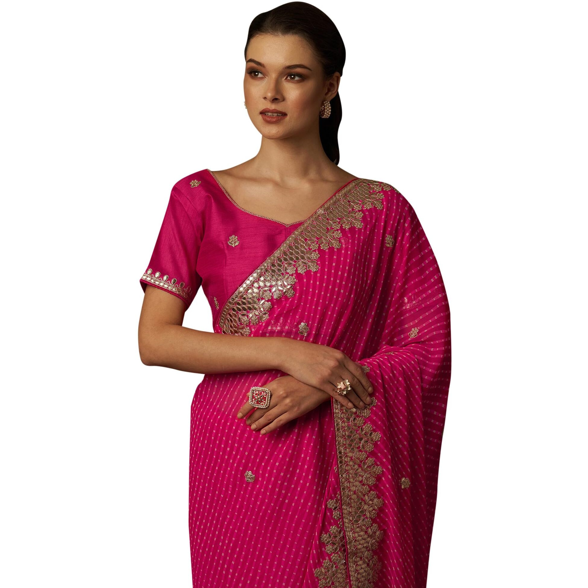 AKHILAM Womens Embellished Gota Work Georgette Bandhani Saree With Unstiched Blouse Piece (Barbie Pink_DHNIYA454_DC)