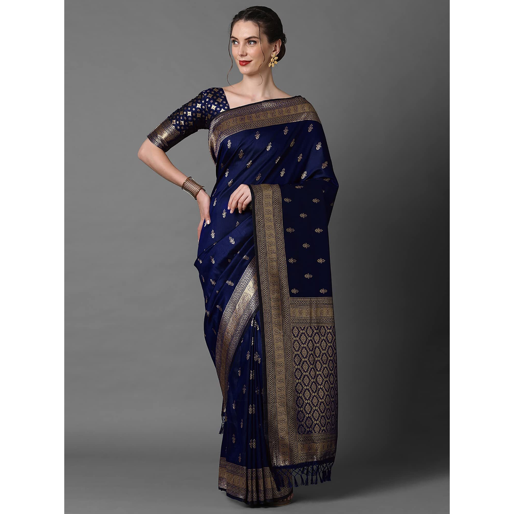 AKHILAM Womens Banarasi Silk Blend Woven Design Golden zari Work Saree With Unstitched Blouse Piece (Navy Blue_2PAKHI4103E)
