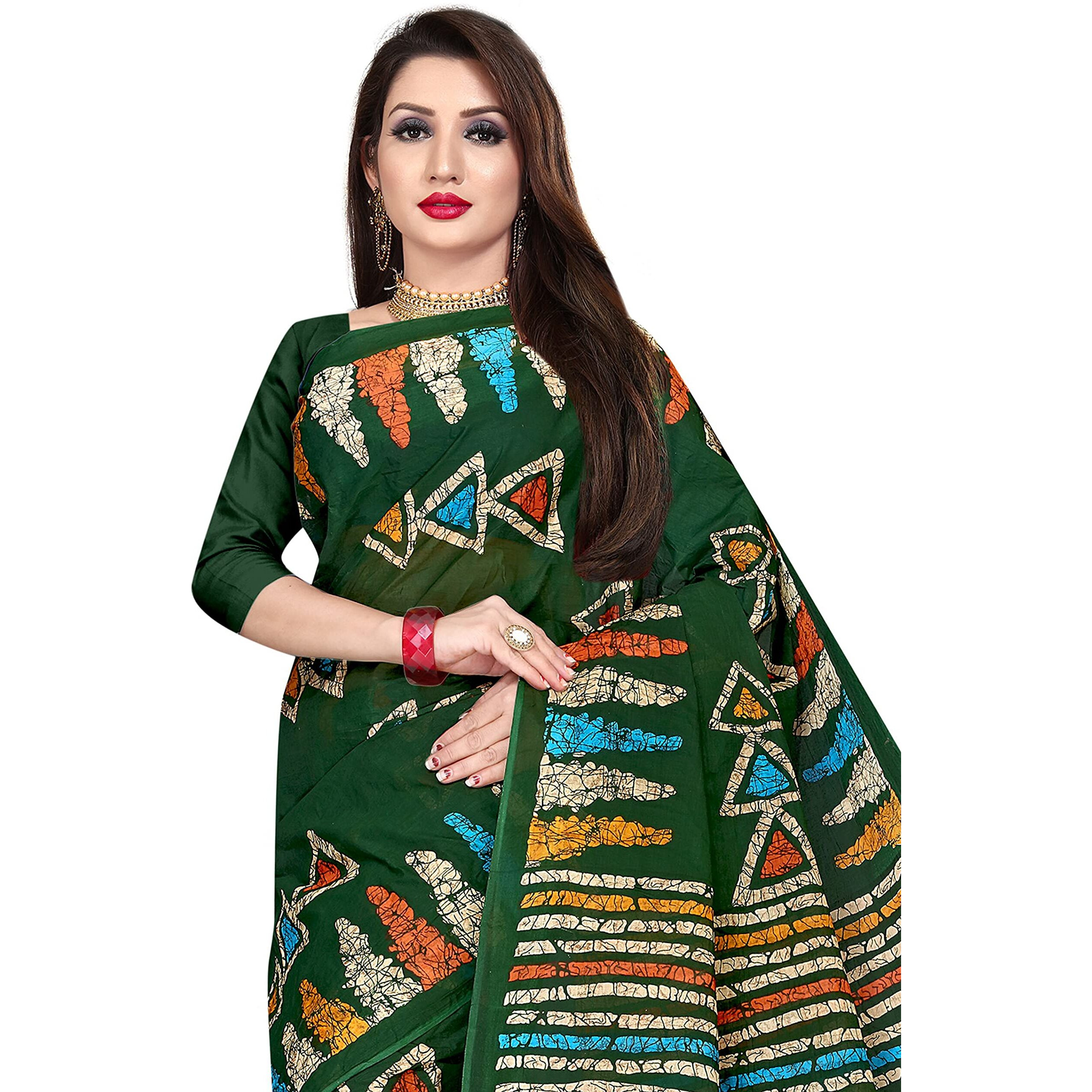 TAMAIRA FASHION Womens Plain Weave Pure Cotton Saree Without Blouse Piece(AB7_DarkGreen)