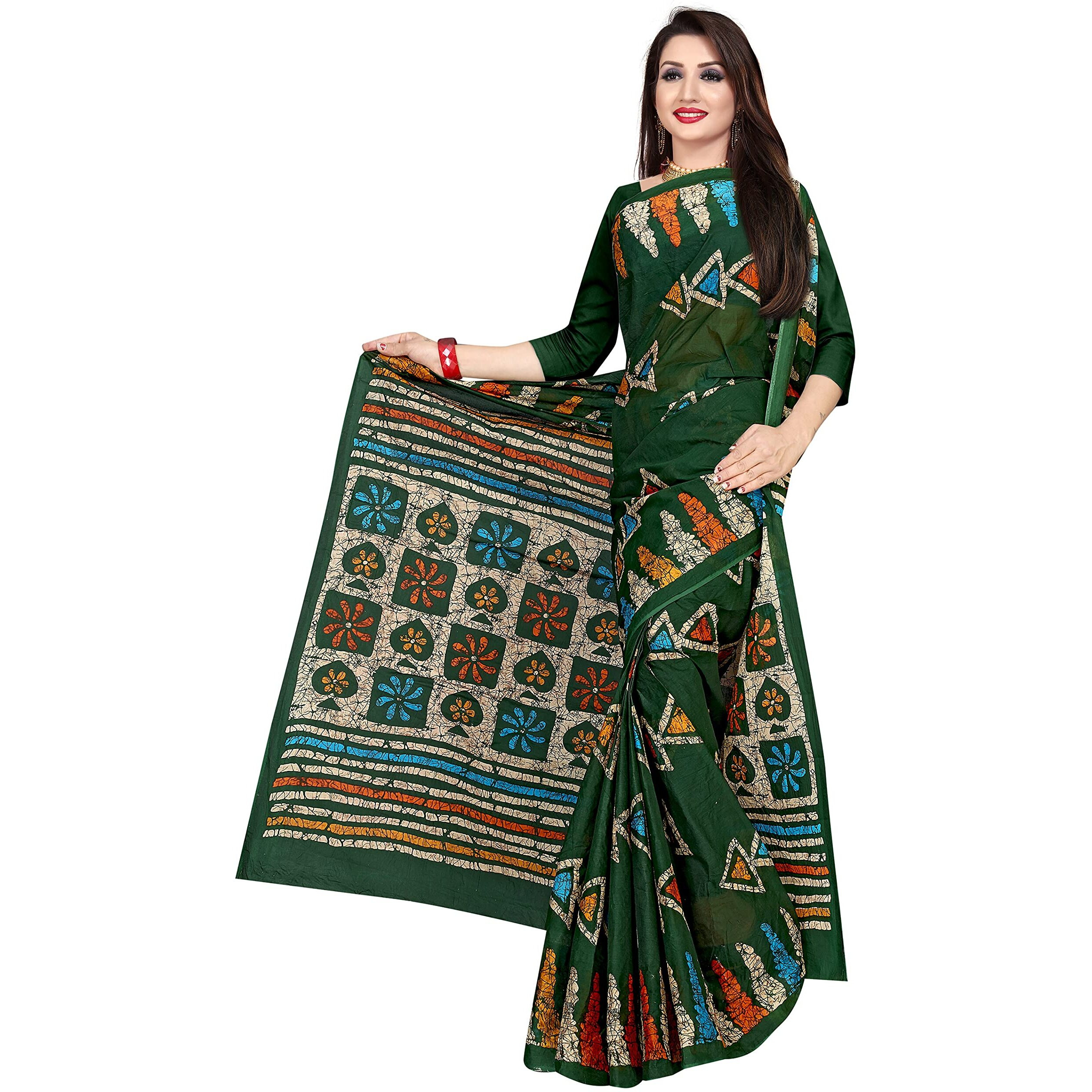 TAMAIRA FASHION Womens Plain Weave Pure Cotton Saree Without Blouse Piece(AB7_DarkGreen)