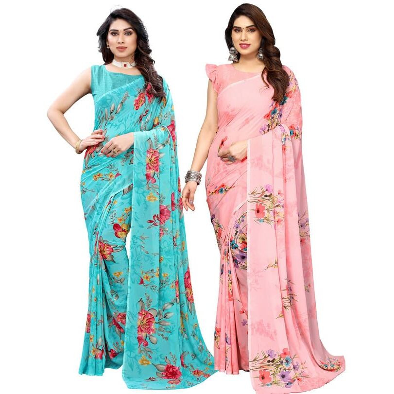Satrani Womens Pure Georgette Saree (1850S176N_3112S2151N_Aqua Blue | Pink)