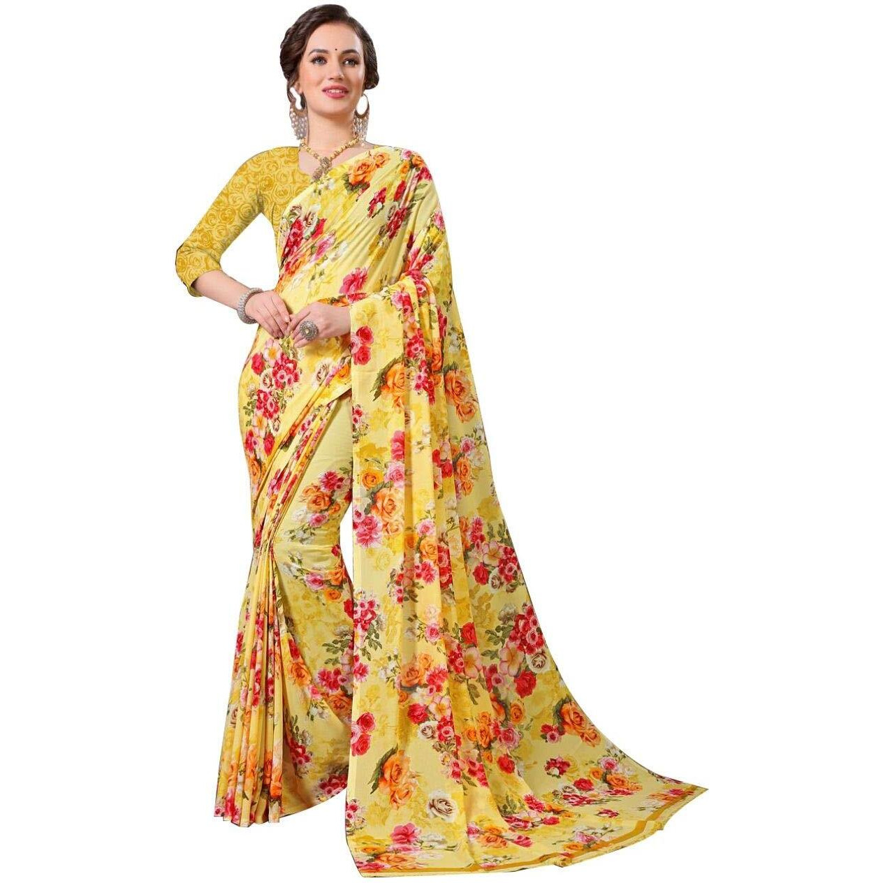 Mermaid Ocean Floral Georgette Saree with Blouse Piece (ME0248_Yellow)