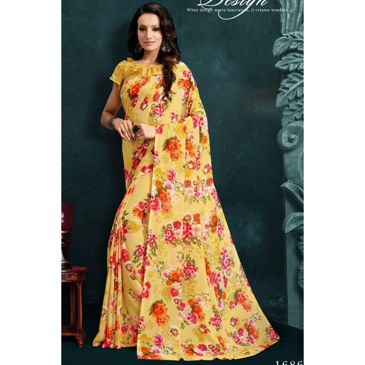 Mermaid Ocean Floral Georgette Saree with Blouse Piece (ME0248_Yellow)