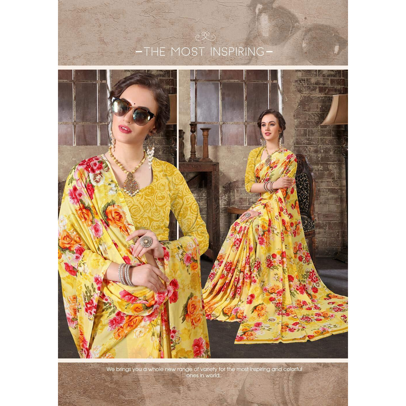 Mermaid Ocean Floral Georgette Saree with Blouse Piece (ME0248_Yellow)