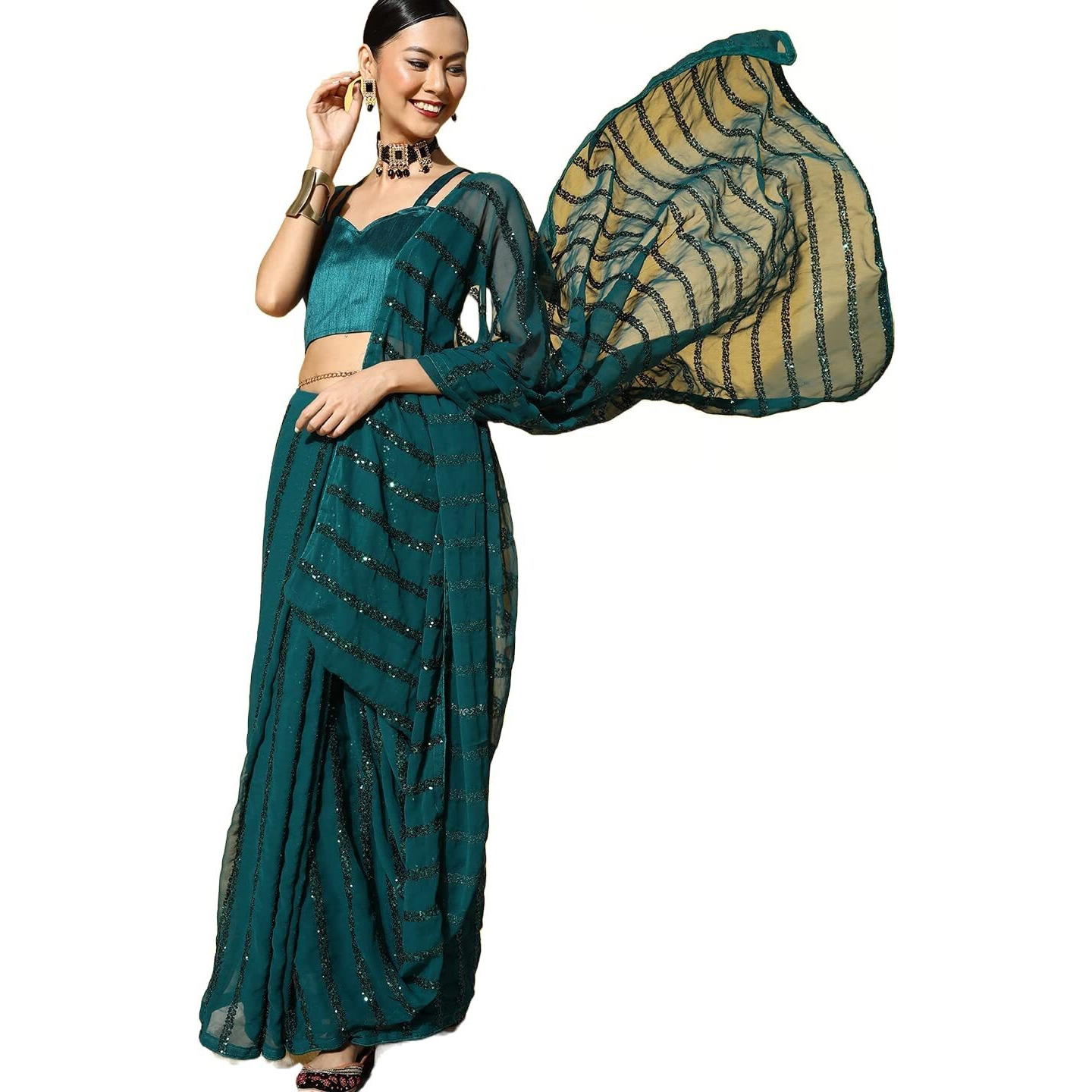 arriva fab Womens Sequined Saree With Blouse Piece (Riva1673__Turquoise)
