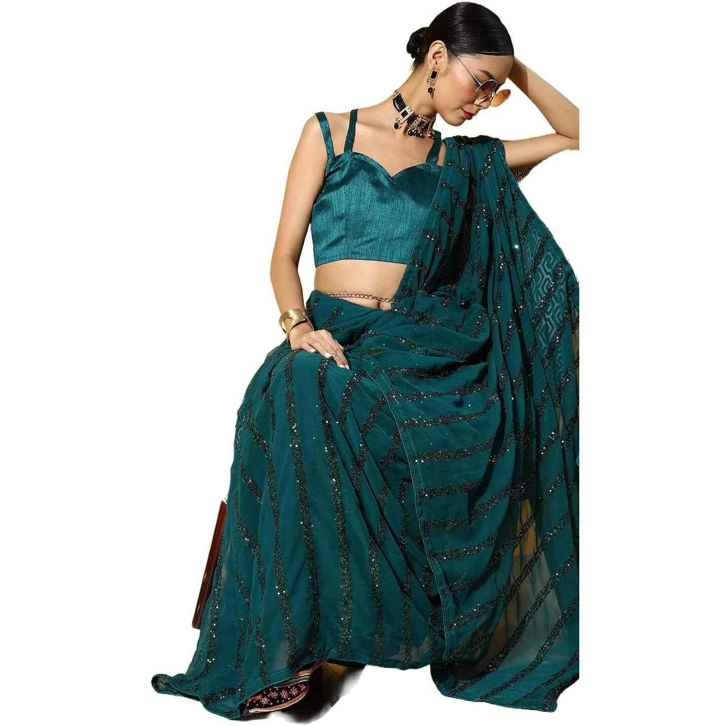 arriva fab Womens Sequined Saree With Blouse Piece (Riva1673__Turquoise)