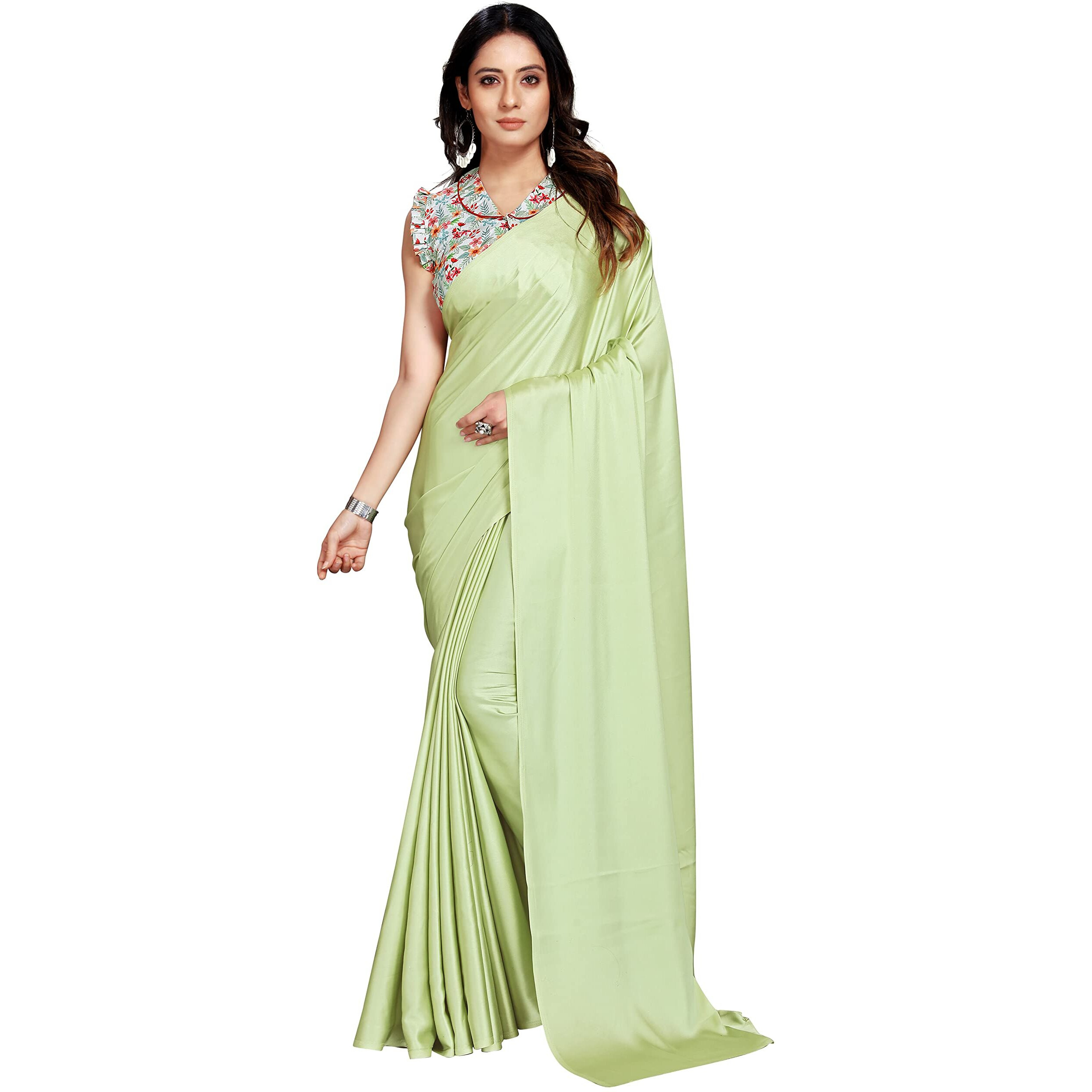 DHYANOM Womens Pista Banarasi Satin Silk Plain Saree with Designer Blouse Piece Digital Printed (Pista)