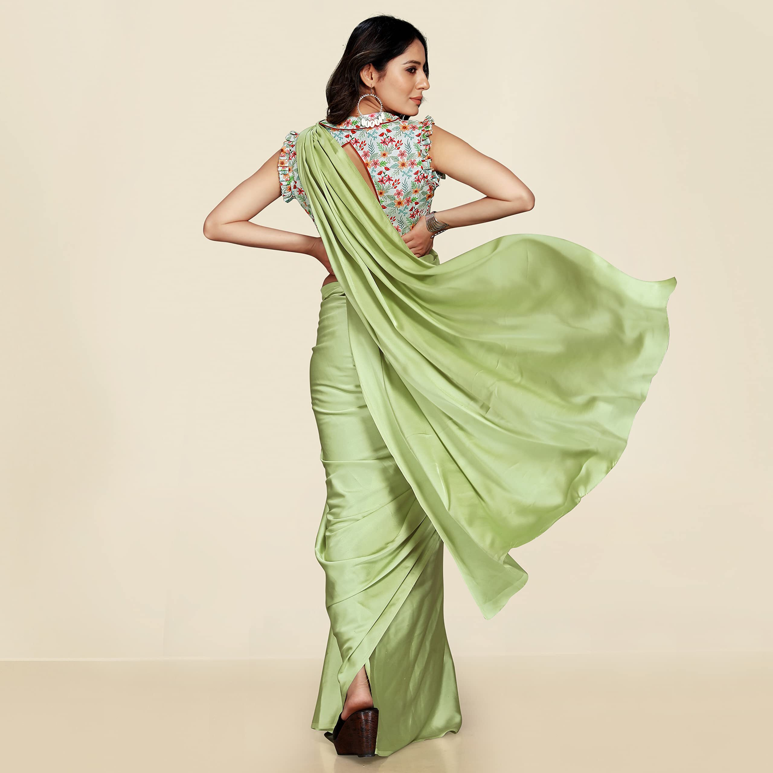 DHYANOM Womens Pista Banarasi Satin Silk Plain Saree with Designer Blouse Piece Digital Printed (Pista)