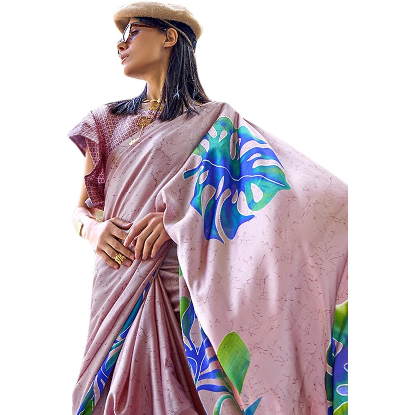 AKHILAM Womens Crepe Digital Print Designer Saree With Unstitched Blouse Piece (Mauve_KUBIK324013_RJ)