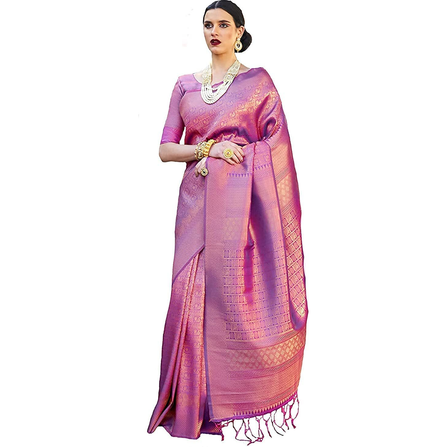 Pujia Mills Womens Kanjivaram Pure Banarasi Silk Saree Kanchipuram Saree (New kumbhi Saree Purple)