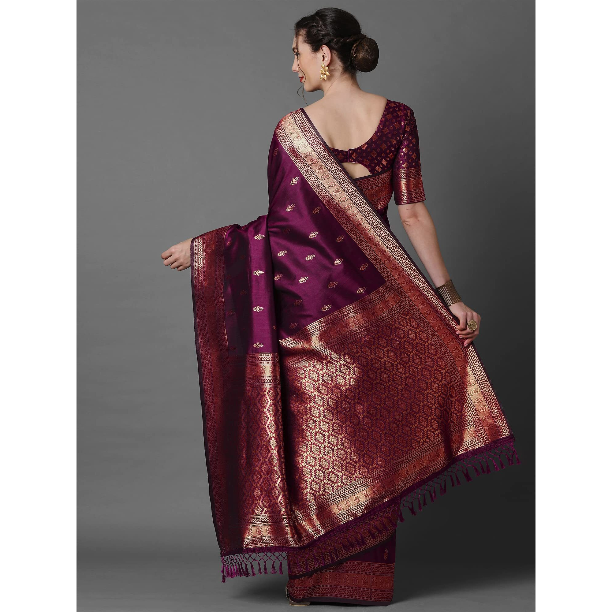AKHILAM Womens Banarasi Silk Woven Design Saree With Unstitched Blouse Piece (Magenta_2PAKHI4103_B)
