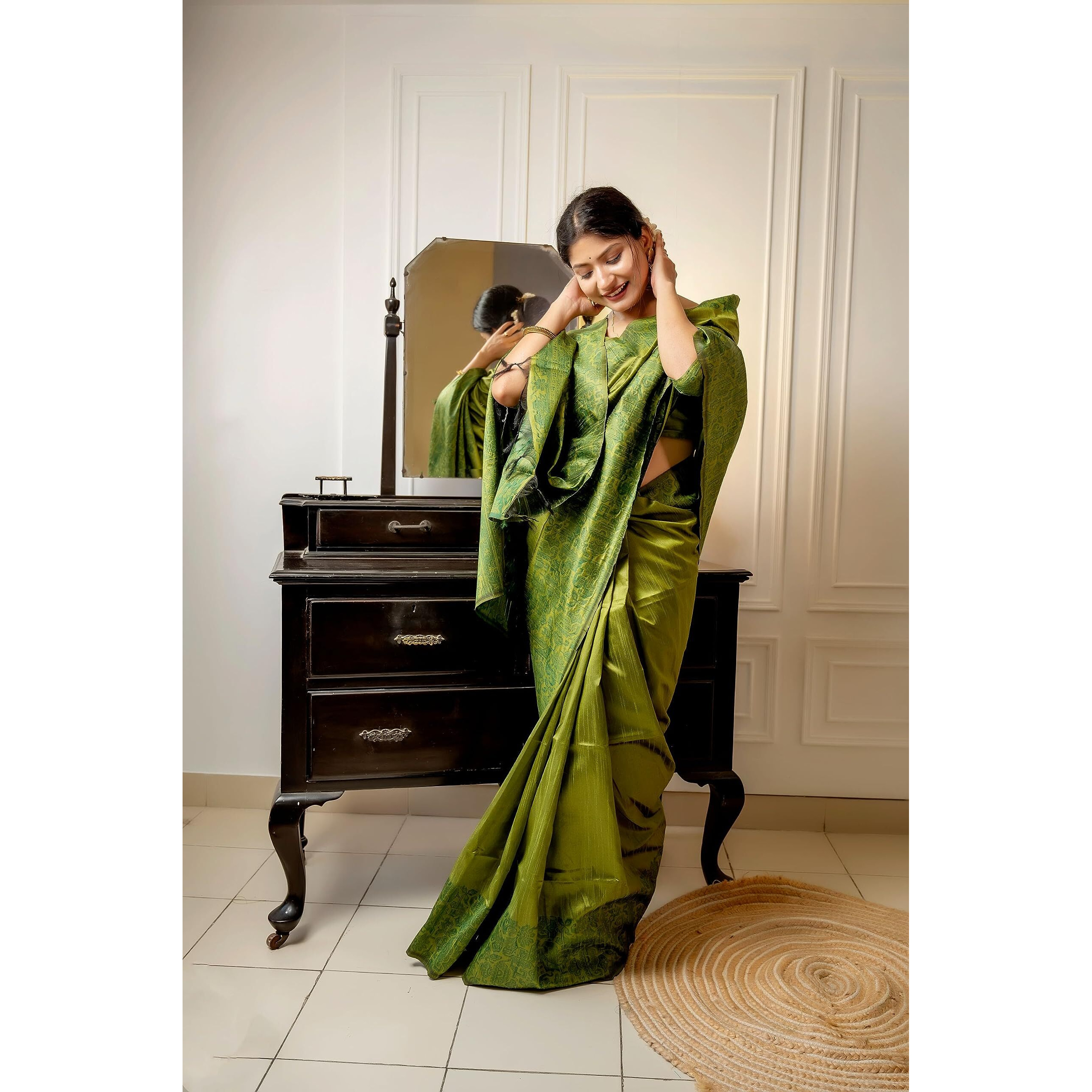 NK Textiles Womens PlainSolid with Kalamkari Woven Border Raw Silk Saree with Tassels (13 COLORS), Mehendi Green
