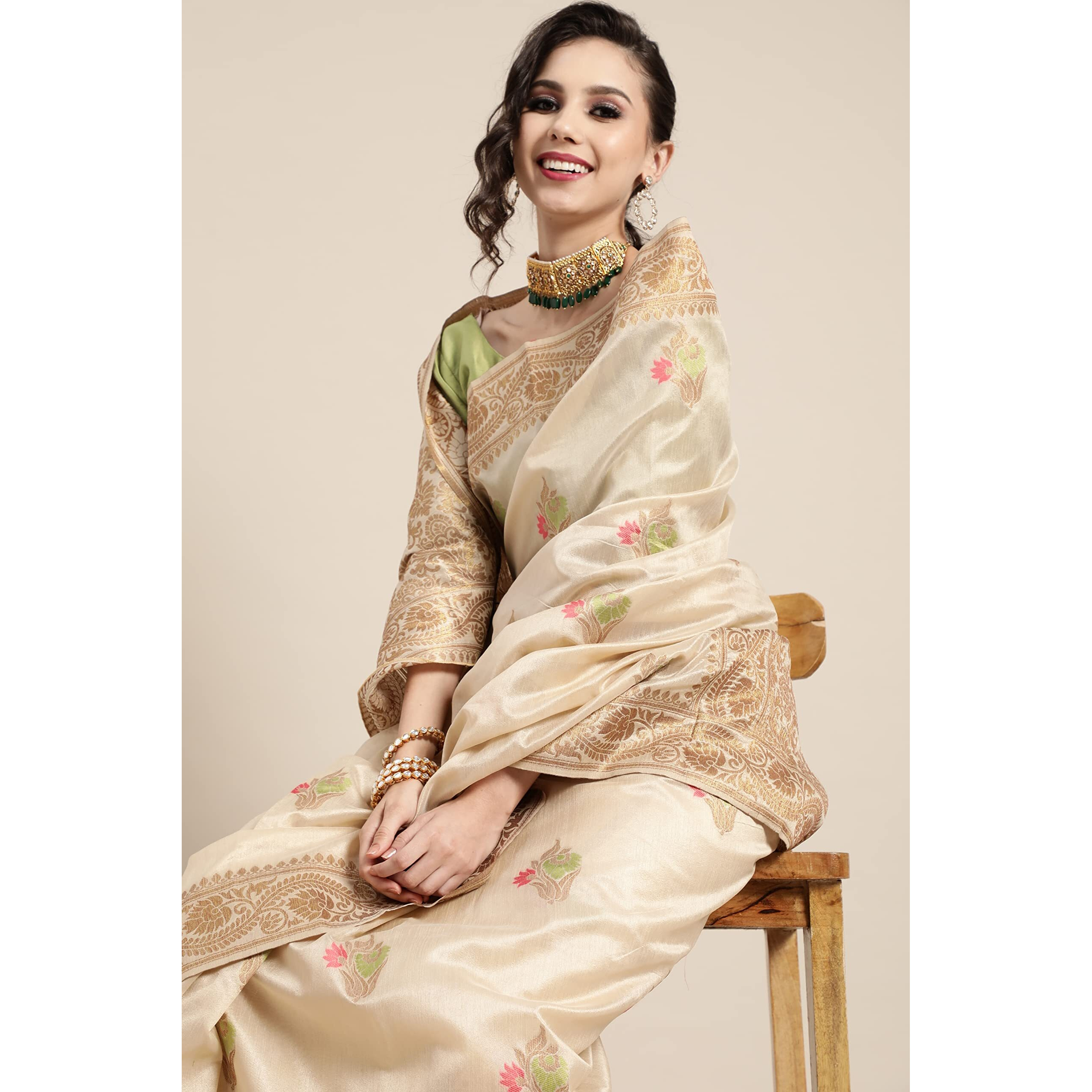 Akhilam Womens Banarasi Silk Saree With Blouse Piece (Banarasi Silk Saree Ff0Knlsa80008D_Off White)