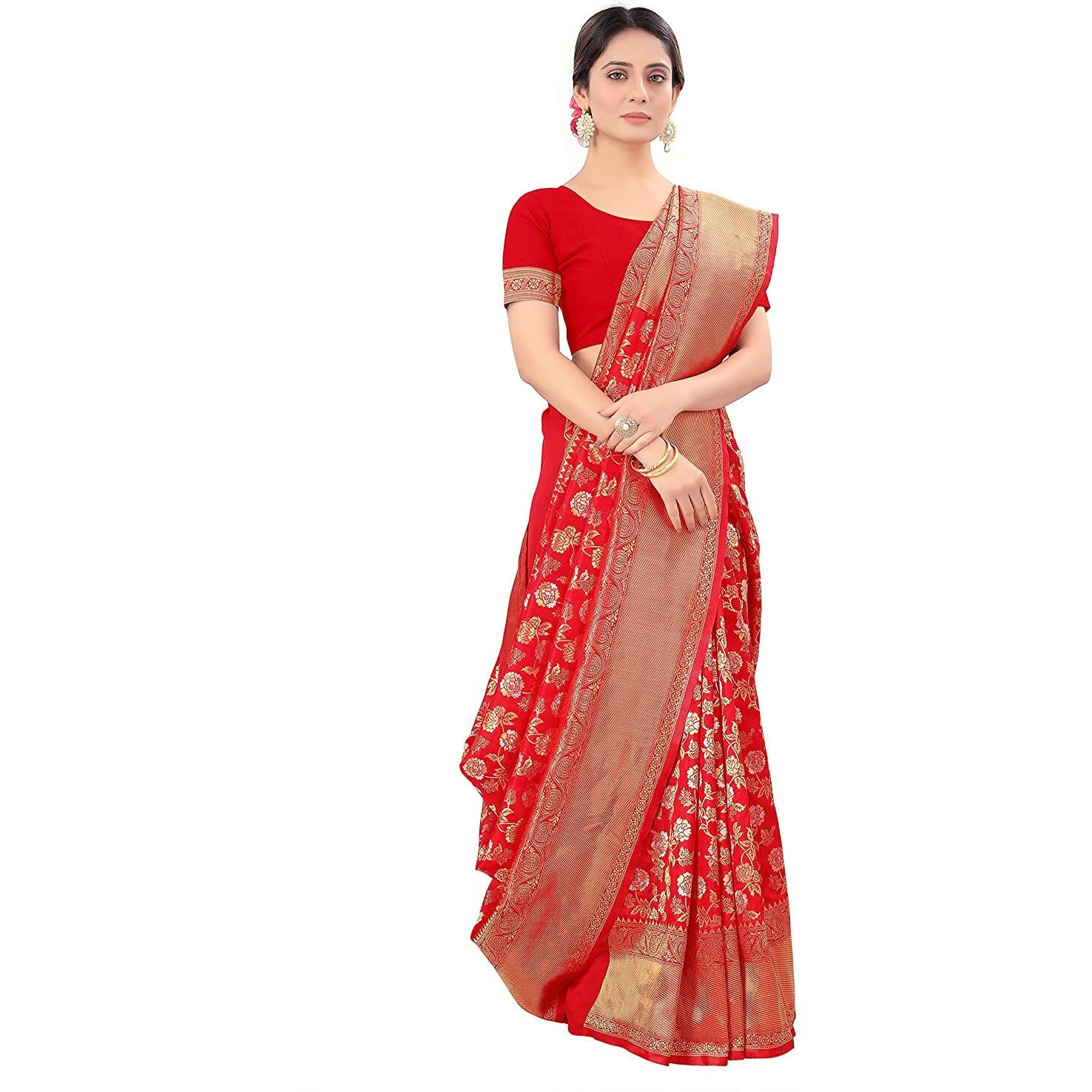 Pujia Mills womens kanjivaram pure banarasi silk saree kanchipuram saree (Red & Silver)