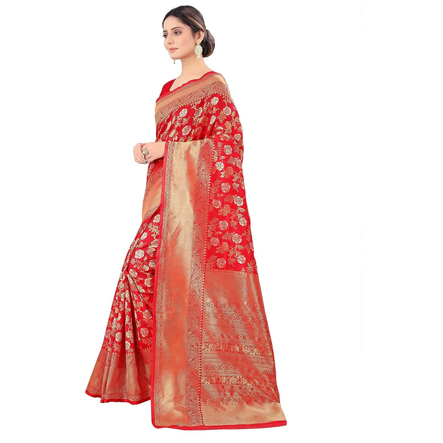 Pujia Mills womens kanjivaram pure banarasi silk saree kanchipuram saree (Red & Silver)