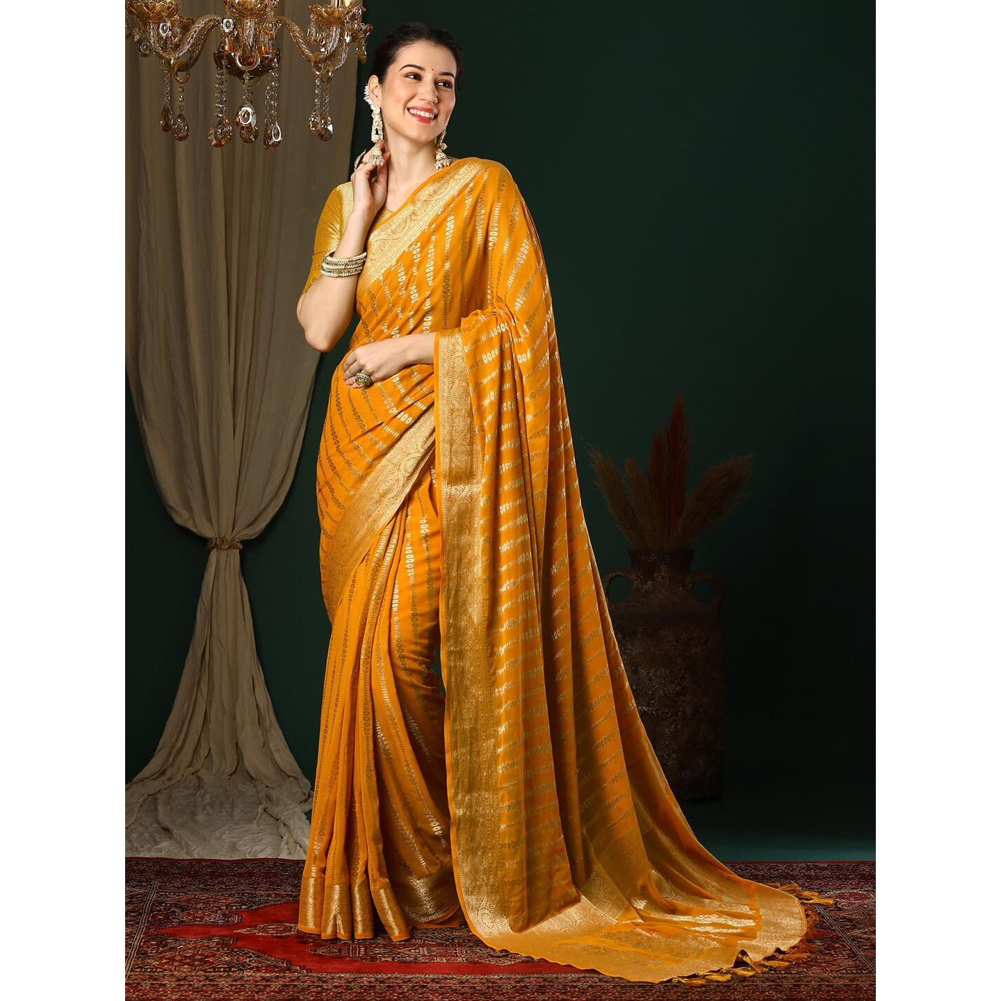 AKHILAM Womens Yellow Georgette Zari Woven Design Saree with Unstitched Blouse Piece (ARYA2902_FL)