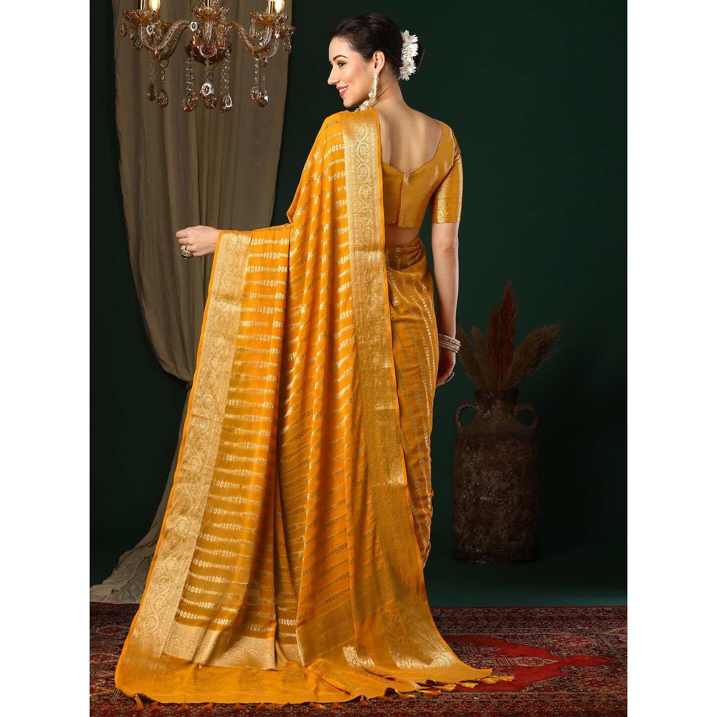 AKHILAM Womens Yellow Georgette Zari Woven Design Saree with Unstitched Blouse Piece (ARYA2902_FL)