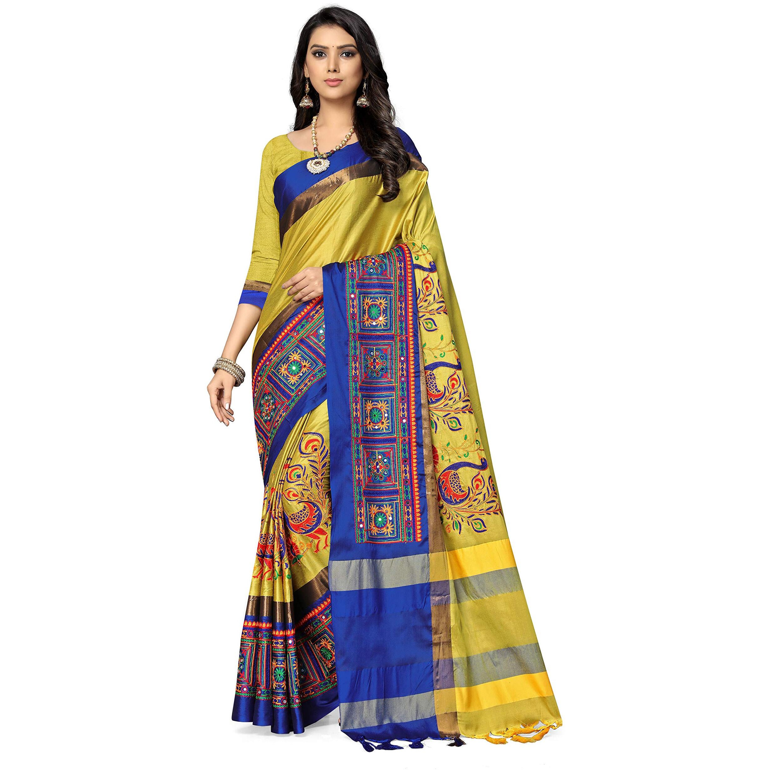 SERONA FABRICS Womens Banarasi Cotton Silk Embroidered Work Saree With Blouse Piece