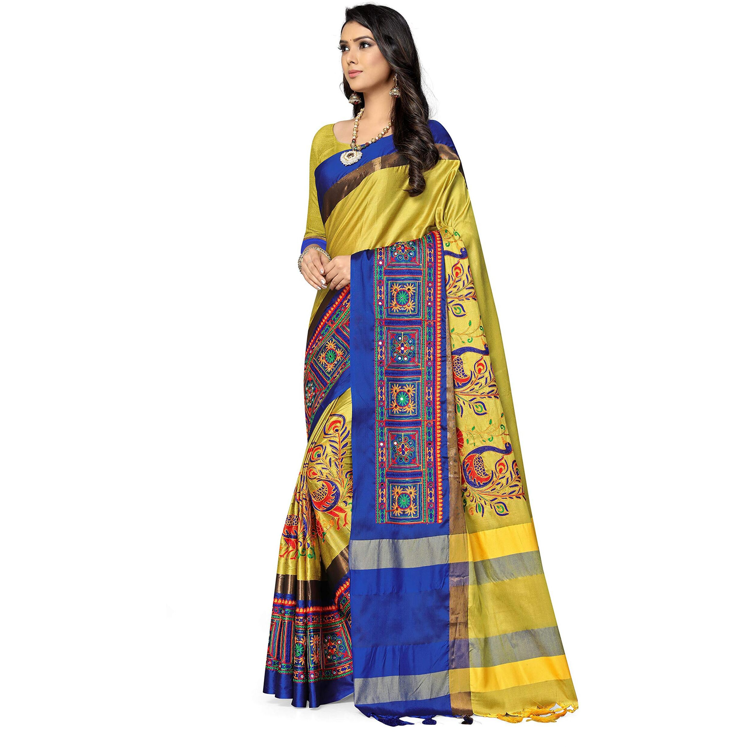 SERONA FABRICS Womens Banarasi Cotton Silk Embroidered Work Saree With Blouse Piece