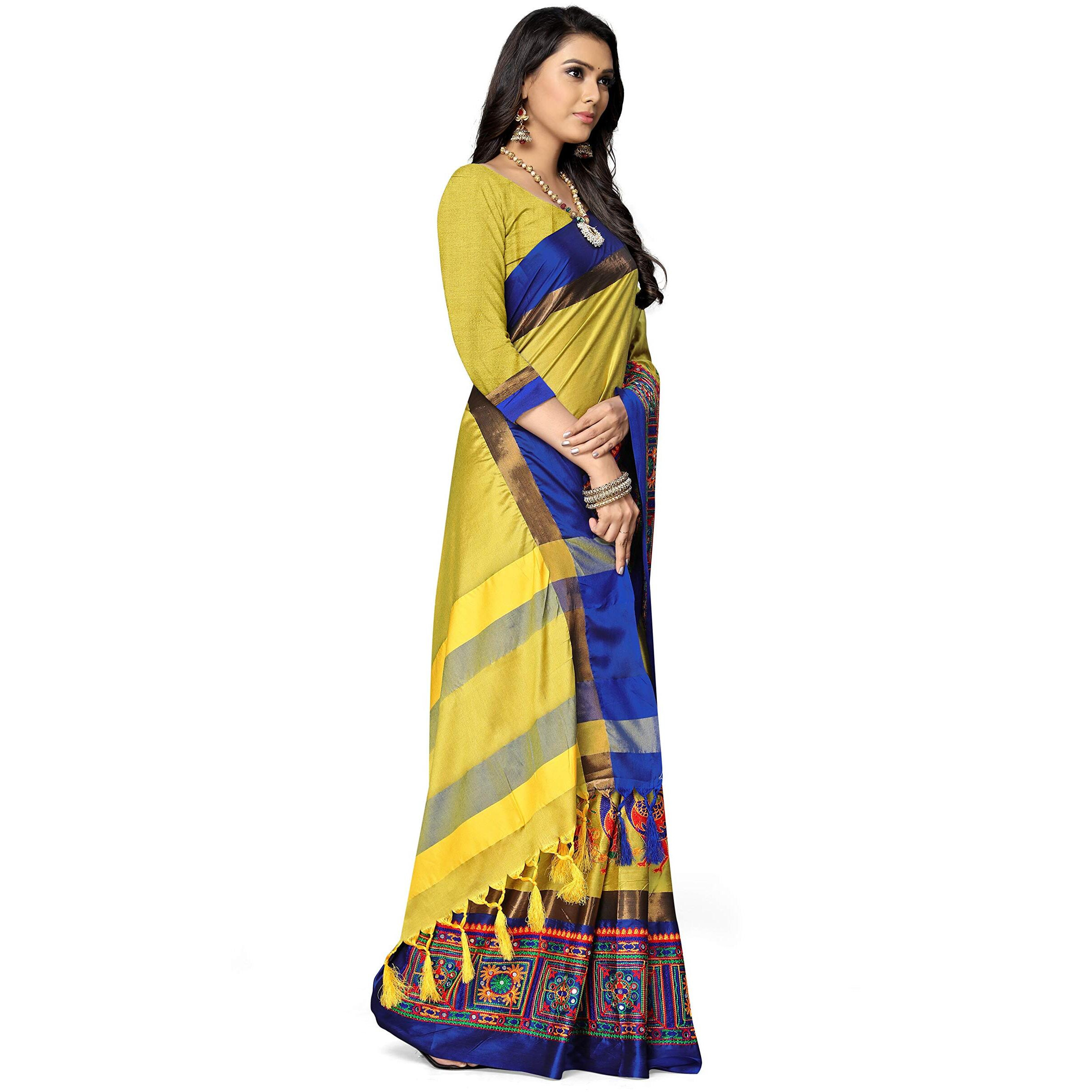 SERONA FABRICS Womens Banarasi Cotton Silk Embroidered Work Saree With Blouse Piece