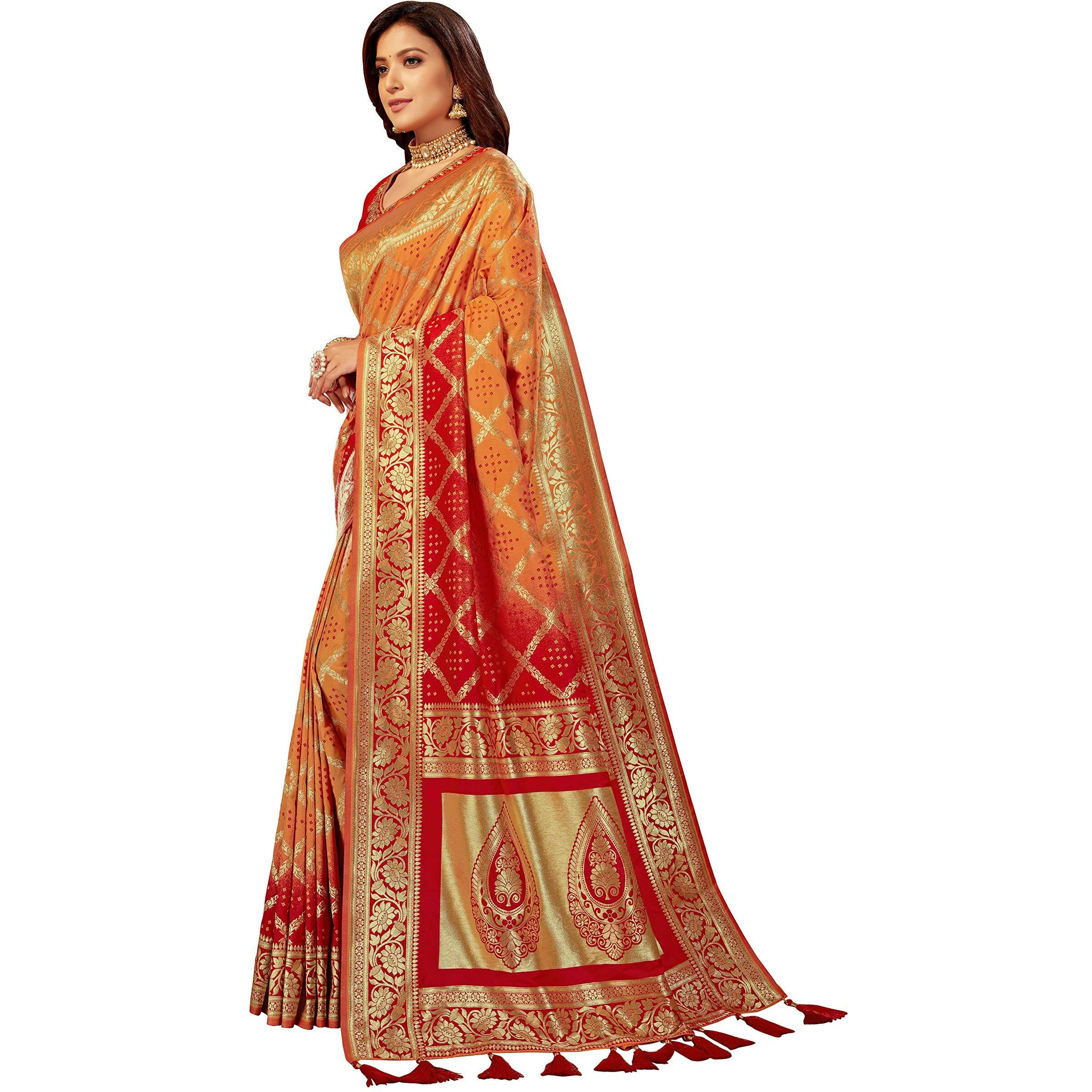 MANOHARI Banarasi Silk Traditional Hlaf & Half Multi color saree for women with Unstitch Heavy Blouse Piece-1875-1