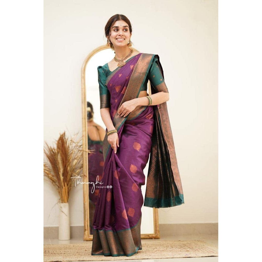 Flosive Womens Present Banarasi Soft Lichi Silk Saree Beautiful Jacquard Rich Pallu Design Work Zari Woven Kanjivaram Silk Style Saree With Soft Lichi Silk Blouse Piece Ayn Royal (W Wine)