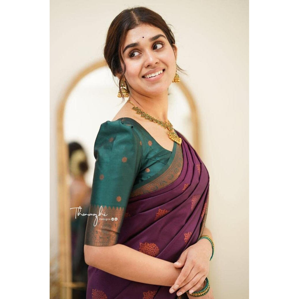 Flosive Womens Present Banarasi Soft Lichi Silk Saree Beautiful Jacquard Rich Pallu Design Work Zari Woven Kanjivaram Silk Style Saree With Soft Lichi Silk Blouse Piece Ayn Royal (W Wine)