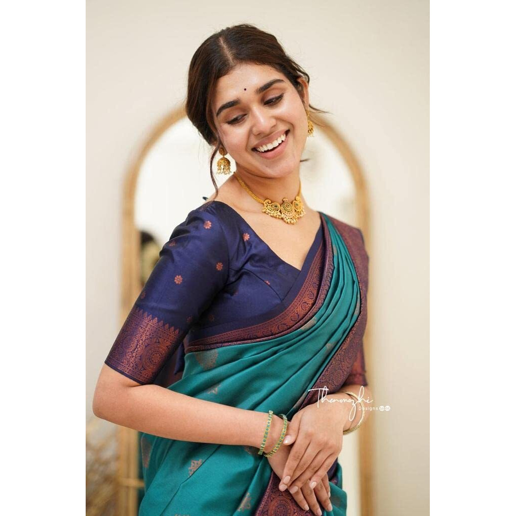 Flosive Womens Present Banarasi Soft Lichi Silk Saree Beautiful Jacquard Rich Pallu Design Work Zari Woven Kanjivaram Silk Style Saree With Soft Lichi Silk Blouse Piece Ayn Royal (R Rama)