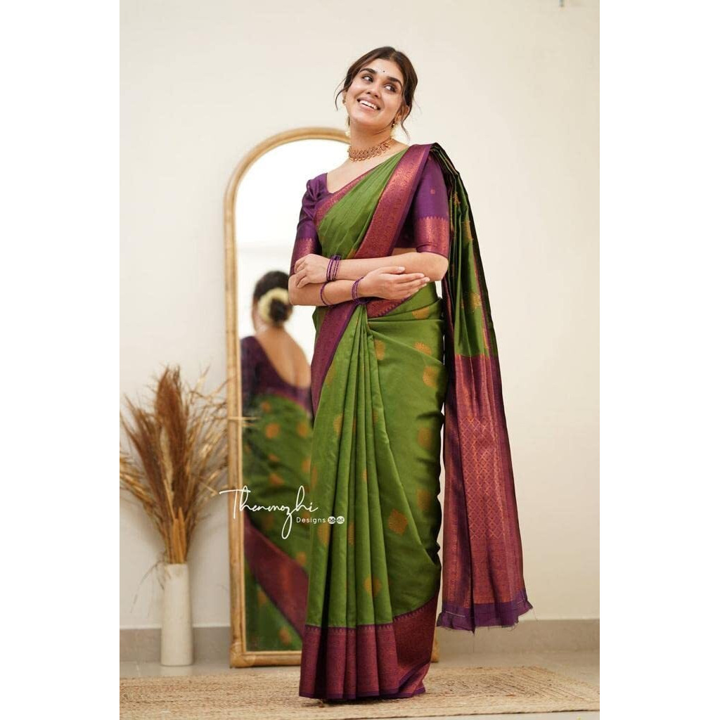 Flosive Womens Present Banarasi Soft Lichi Silk Saree Beautiful Jacquard Rich Pallu Design Work Zari Woven Kanjivaram Silk Style Saree With Soft Lichi Silk Blouse Piece Ayn Royal (G Green)