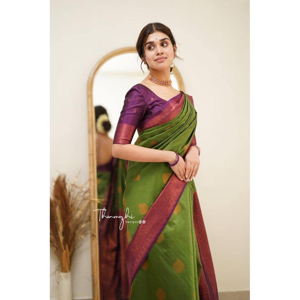 Flosive Womens Present Banarasi Soft Lichi Silk Saree Beautiful Jacquard Rich Pallu Design Work Zari Woven Kanjivaram Silk Style Saree With Soft Lichi Silk Blouse Piece Ayn Royal (G Green)