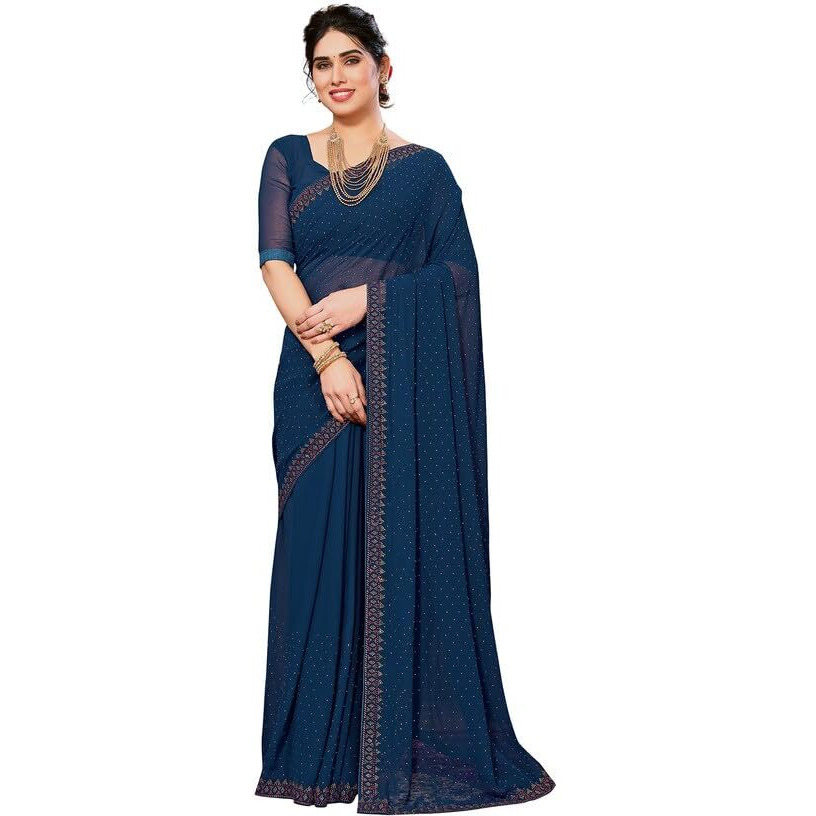 Satrani Womens Pure Georgette Saree (3321S161N_Teal Blue)