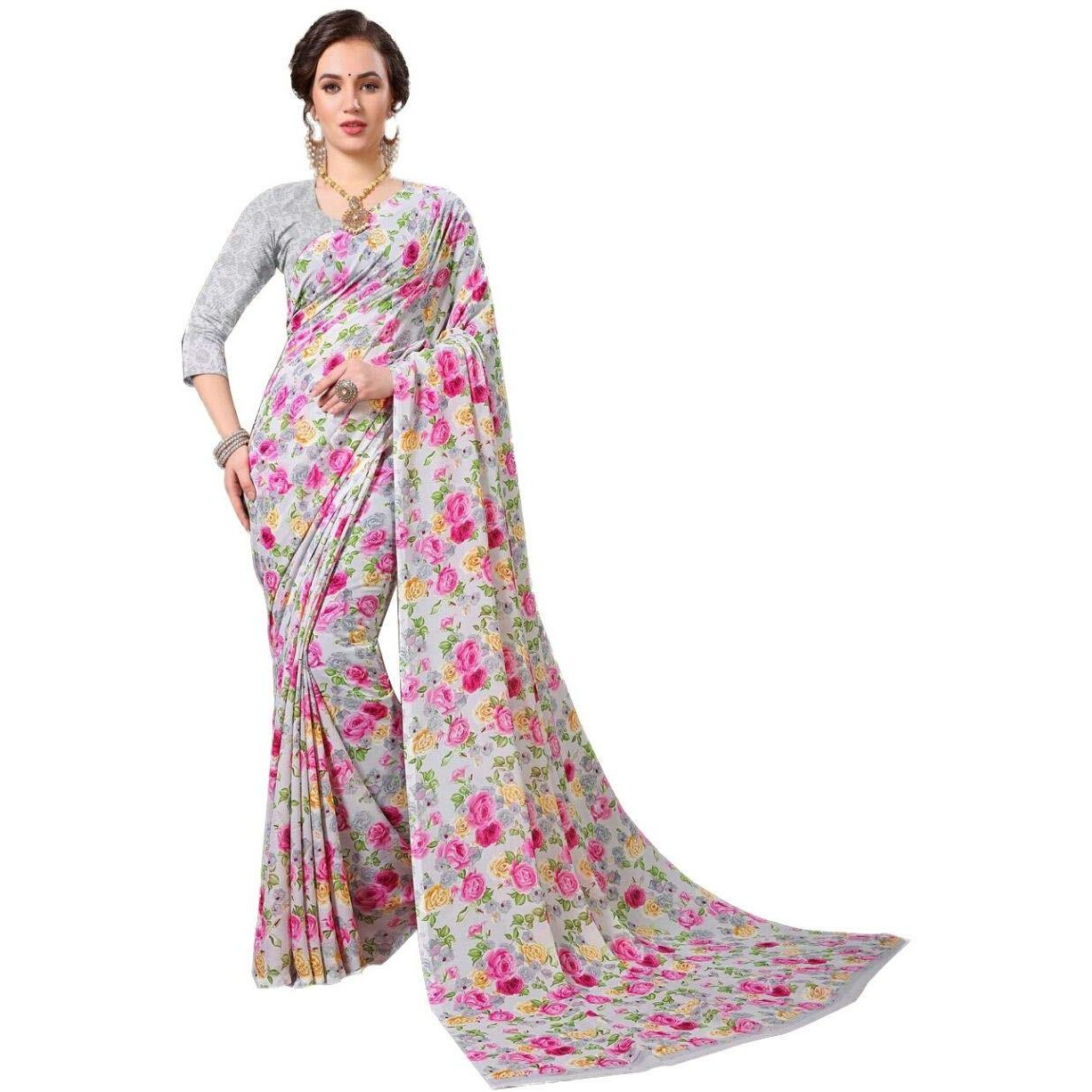 Mermaid Ocean Womens Georgette Saree With Blouse Piece (ME0246_Grey)