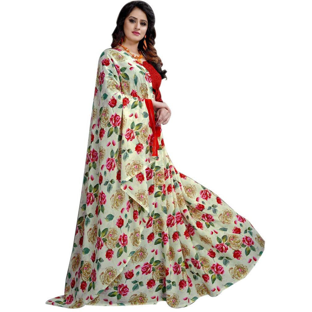 Mermaid Ocean Womens Plain Weave Pure Georgette Saree With Blouse Piece (ME060_White)