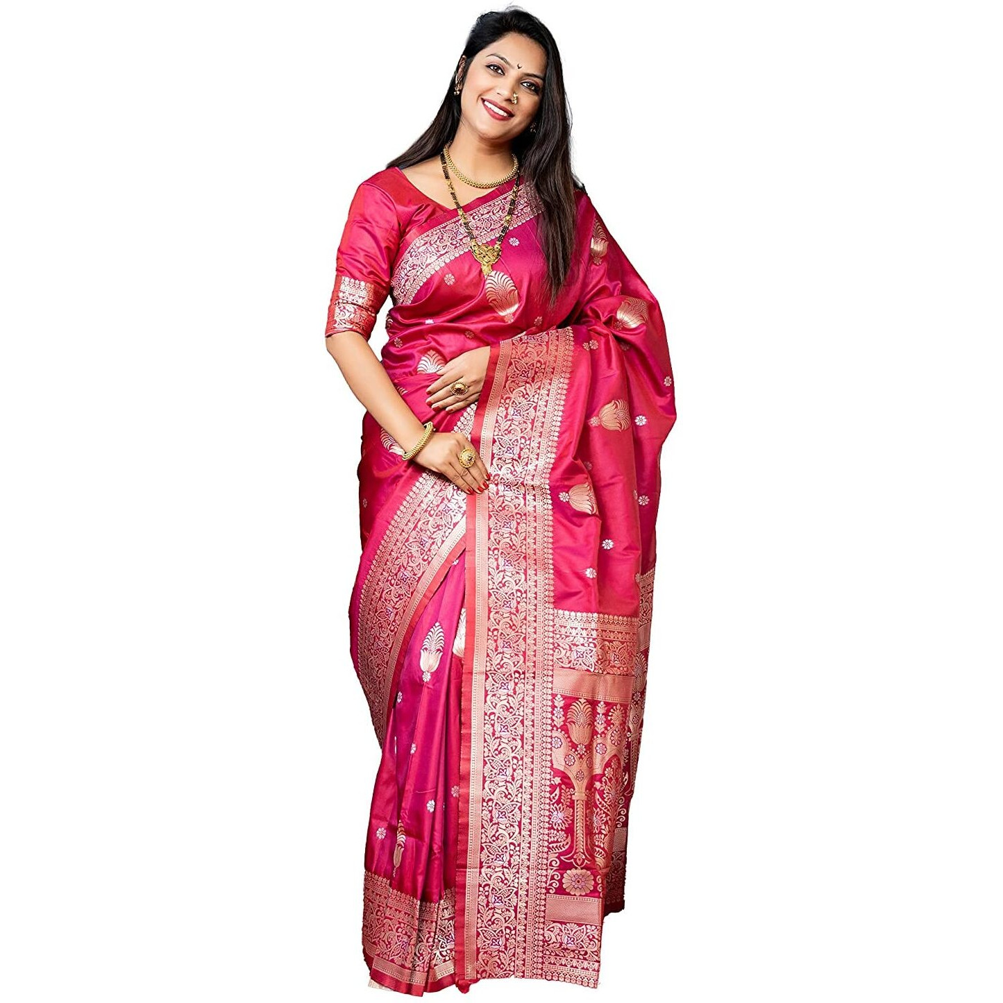 SGF11- Womens Kanjivaram Pure Soft Silk Handloom Saree Golden Zari With Unstitched Blouse Piece (Dark Pink-Rama Red)