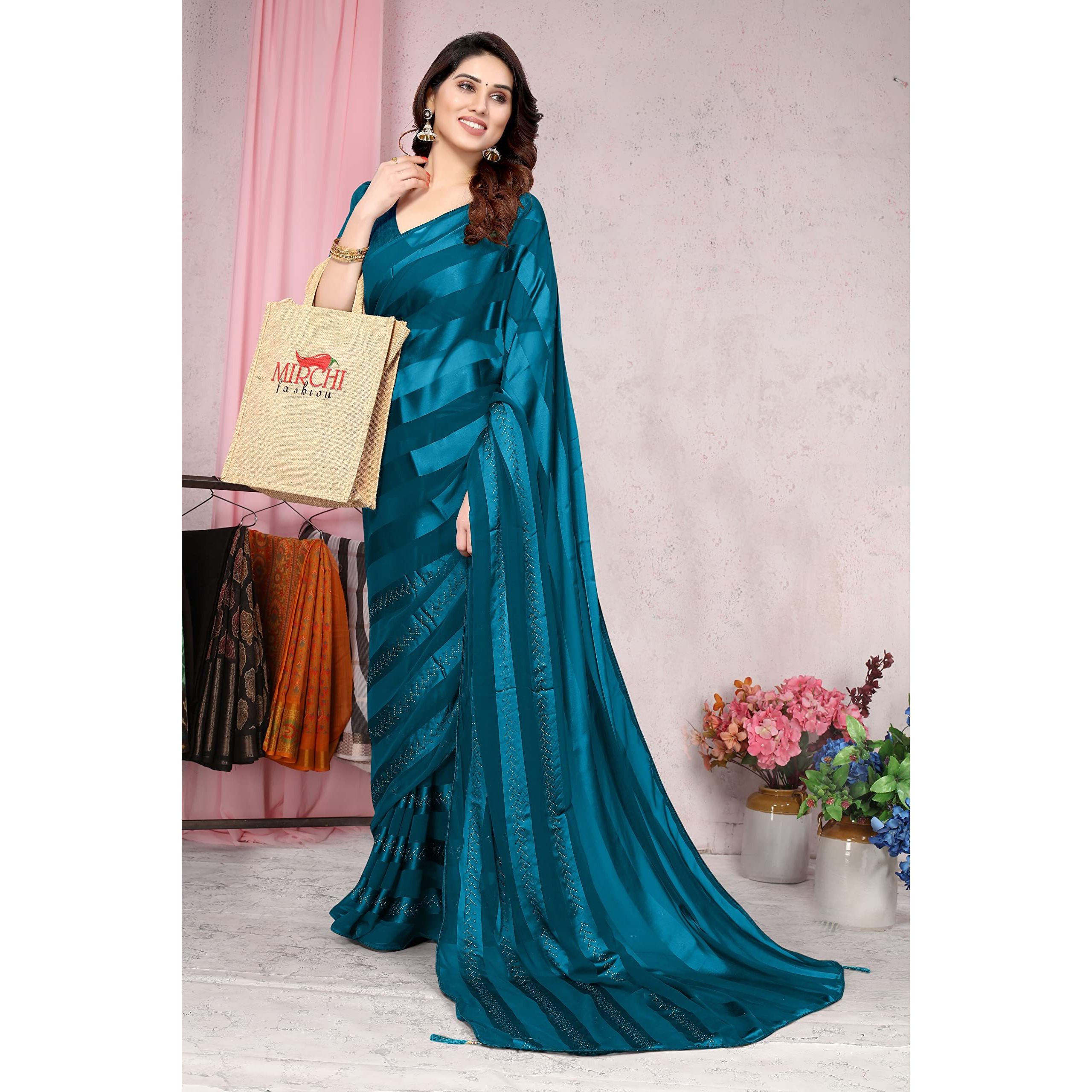 MIRCHI FASHION Womens Plain Weave Georgette Satin Stripes Stone Embellished Saree with Blouse Piece (37215-Turquoise)