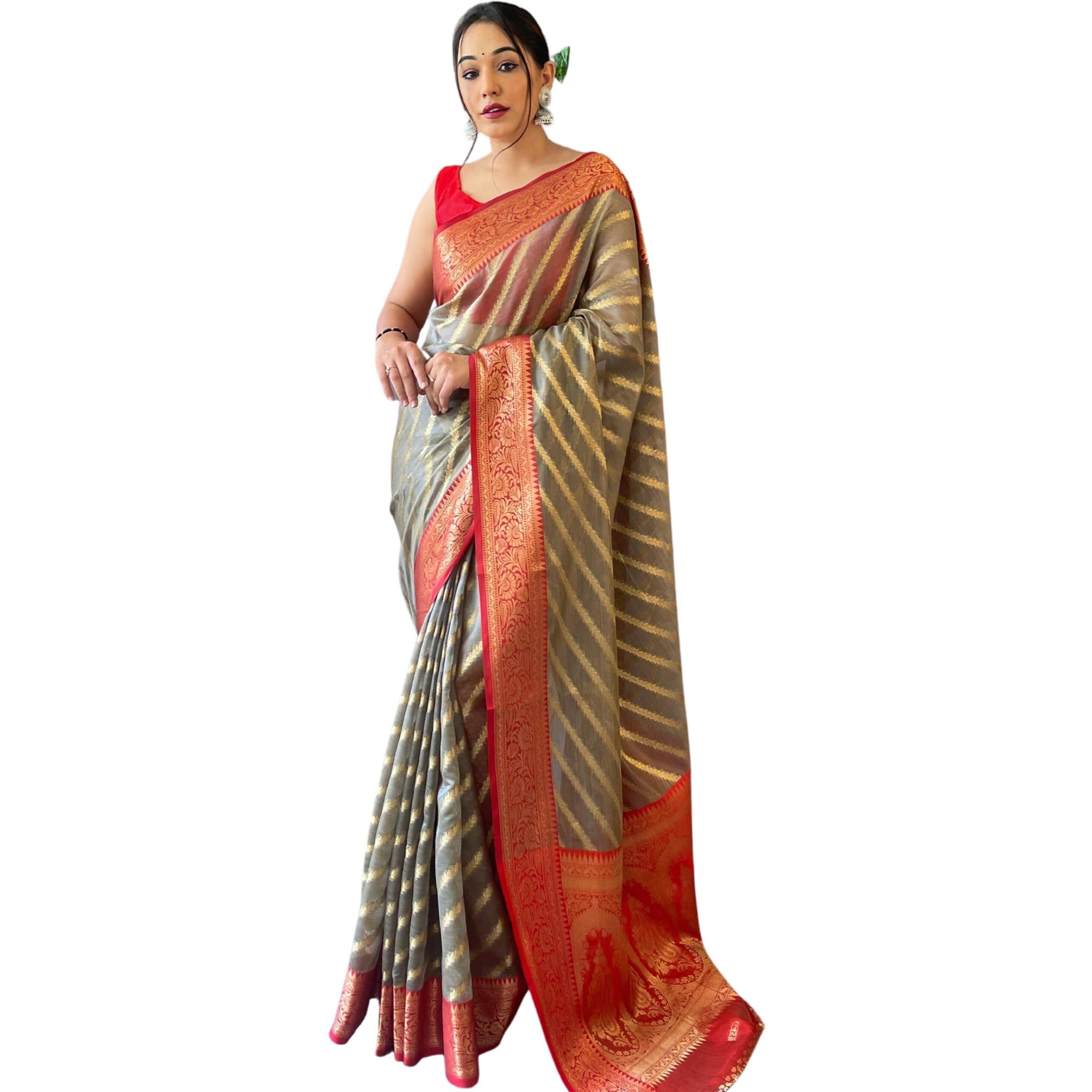 SGF11 Womens Organza Kanjivaram Pure Soft Silk Handloom Saree Pure Golden Zari With Blouse Piece