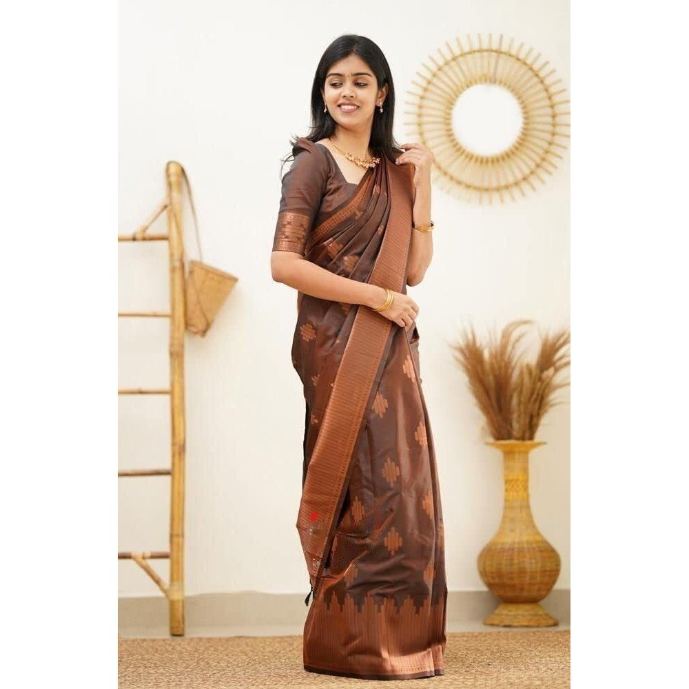 Flosive Womens Present Banarasi Soft Lichi Silk Saree Beautiful Jacquard Rich Pallu Design Work Zari Woven Kanjivaram Silk Style Saree With Soft Lichi Silk Blouse Piece Ayn Royal (Coffee)