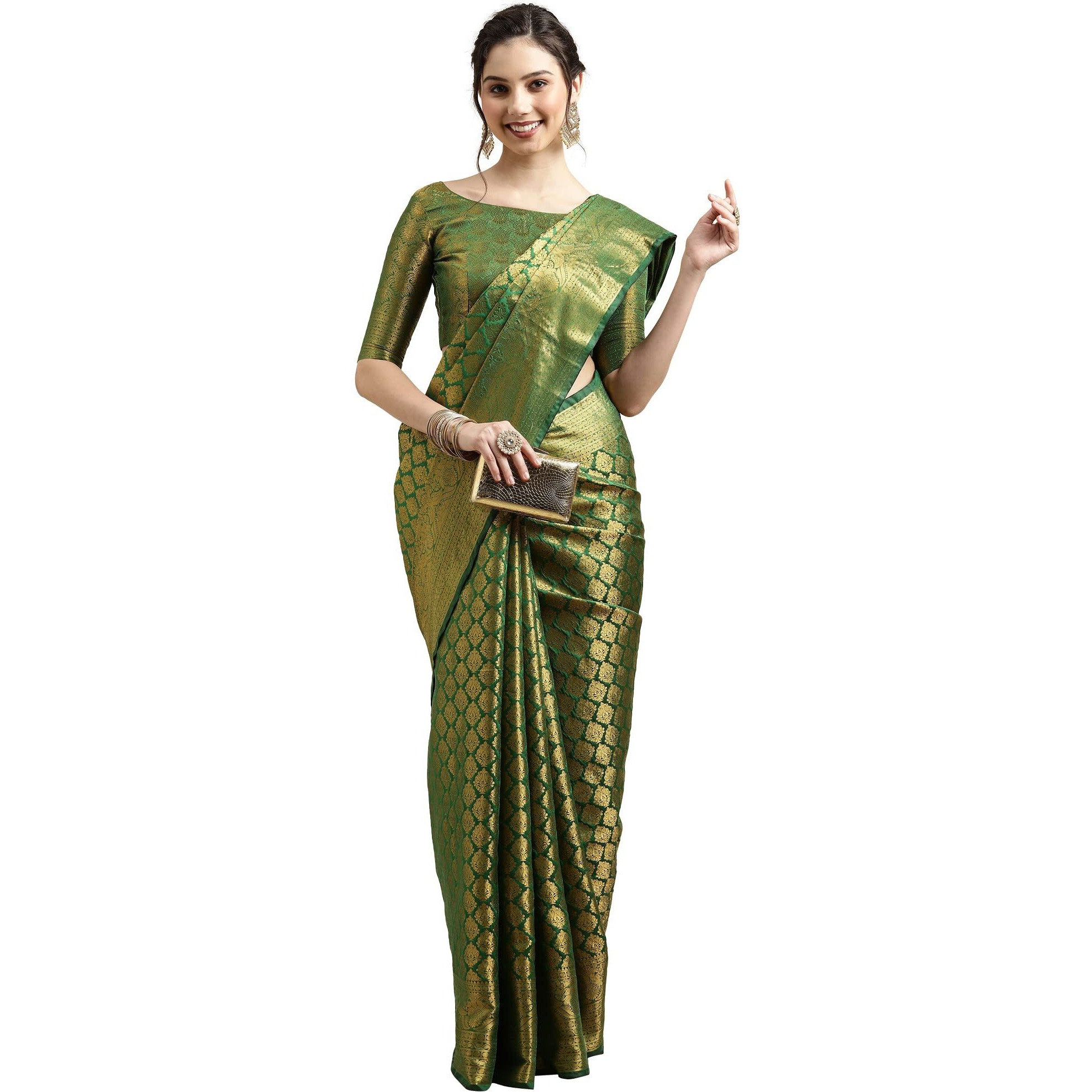 AKHILAM Womens Kanjivaram Banarasi Silk Woven Design Saree With Unstitched Blouse Piece (Green_2REEVA2001)
